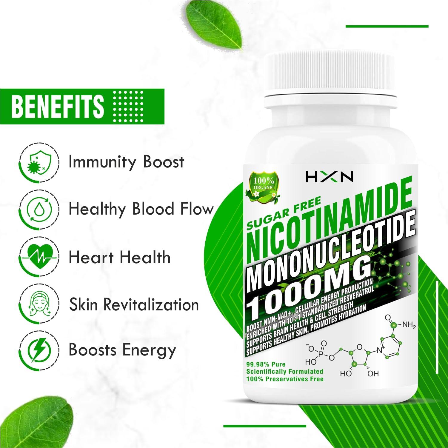 HXN HXN Nicotinamide Mononucleotide NMN Supplements 1000mg With Trans Resveratrol, Ultra High Strength 99.98% Pure NAD Plus Supplement-60 Sugar Free Tablet (Pack 1) (midium, 60)