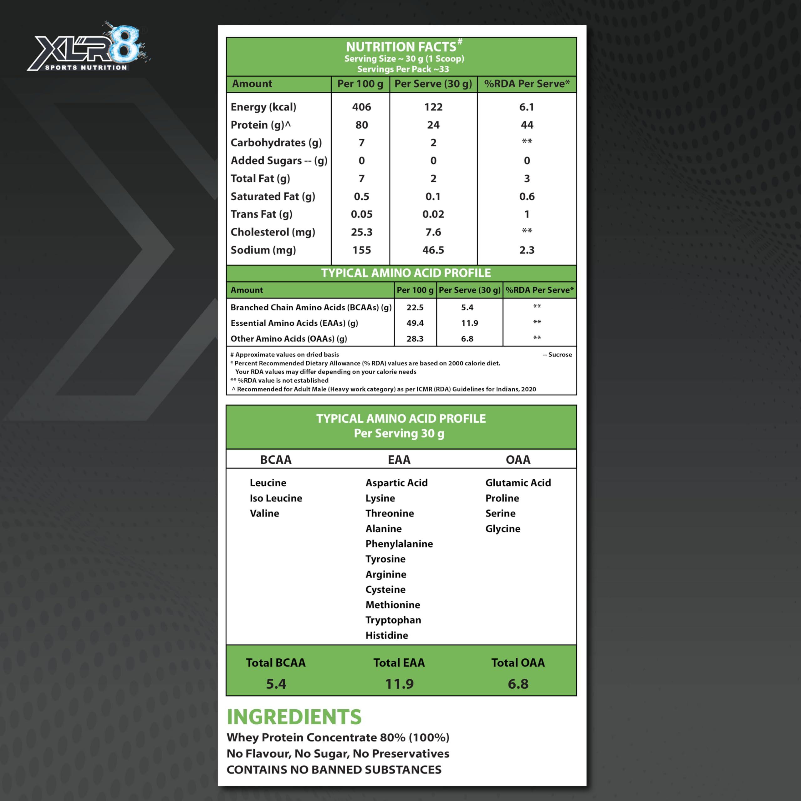 XLR8 XLR8 Raw Whey Protein Powder Instantised Whey Protein Concentrate 80% - 1 Kg/2.2 Lbs (Unflavored)