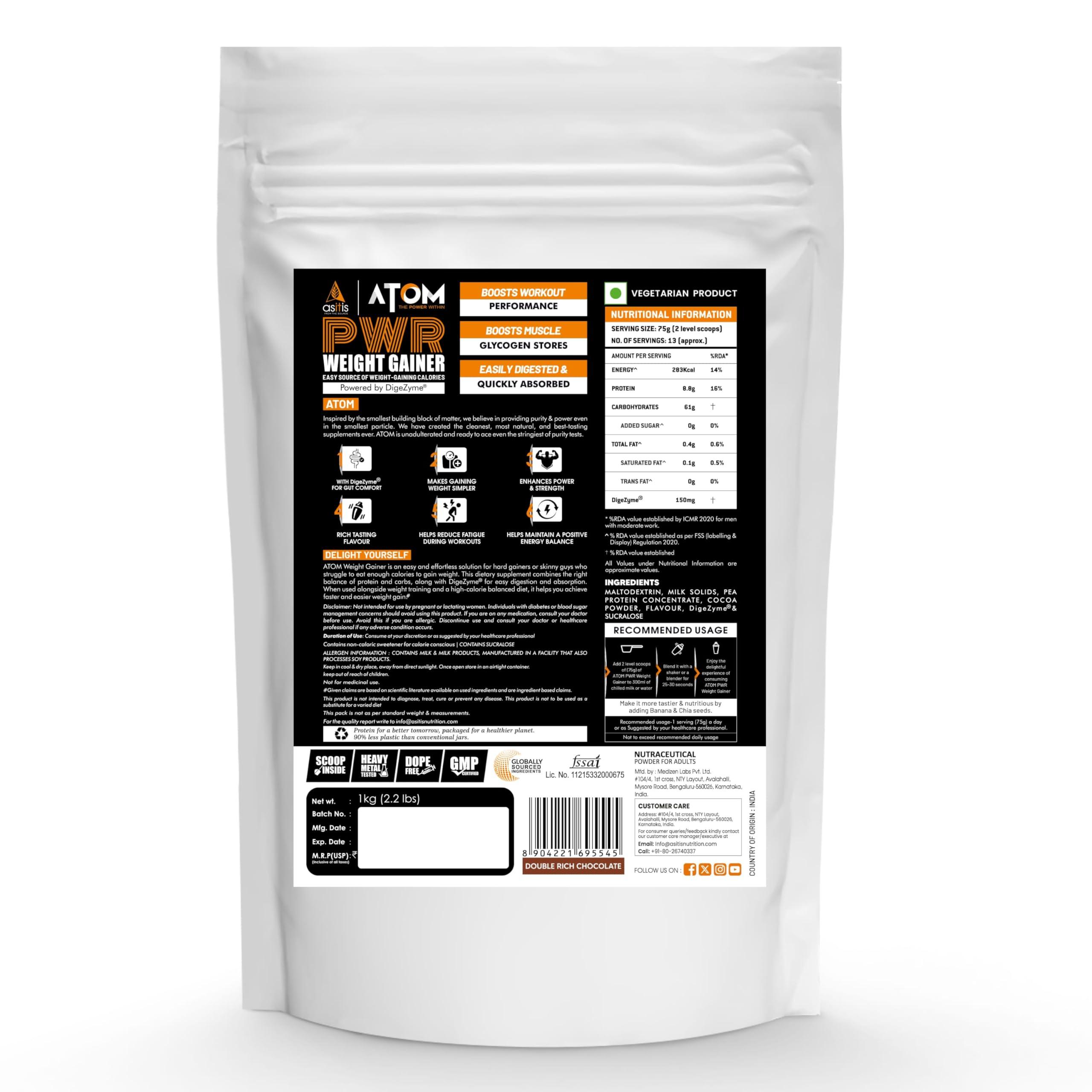 Asitis Nutrition Asitis Nutrition Atom Weight Gainerpowder 1Kg | 61.1G Carbs & 8.8G Proteins | Easy Source Of Weight-Gaining Calories | Boosts Workout Performance | Double Rich Chocolate Flavor