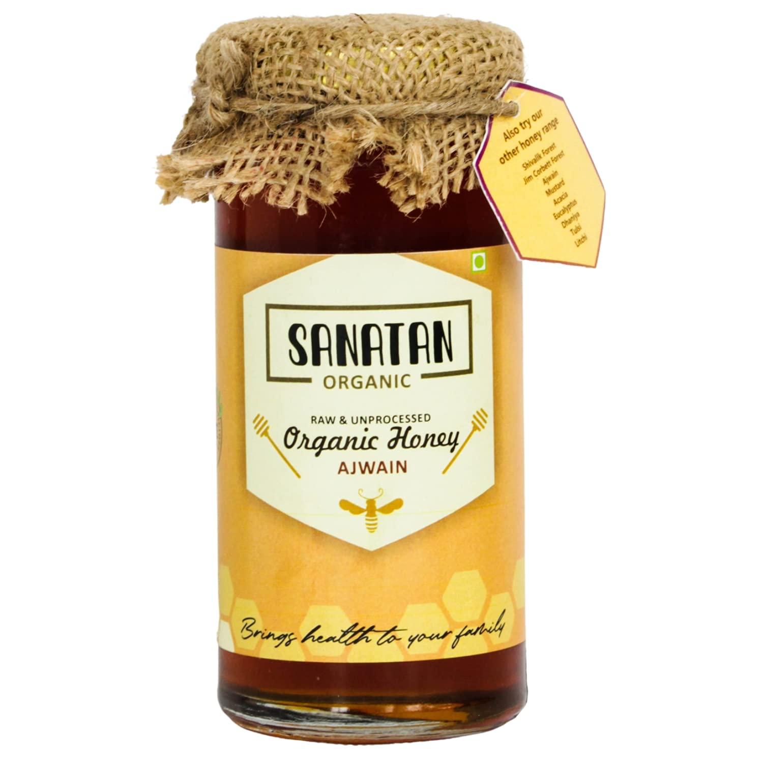 SANATAN ORGANIC Sanatan Organic Unprocessed and certified organic 100% Natural &Pure Ajwain Honey cures Gastric,Acidity,help in digestion|Preservative free|No artificals|No Added Sugar|Mono Flora Honey-250g Glass Jar