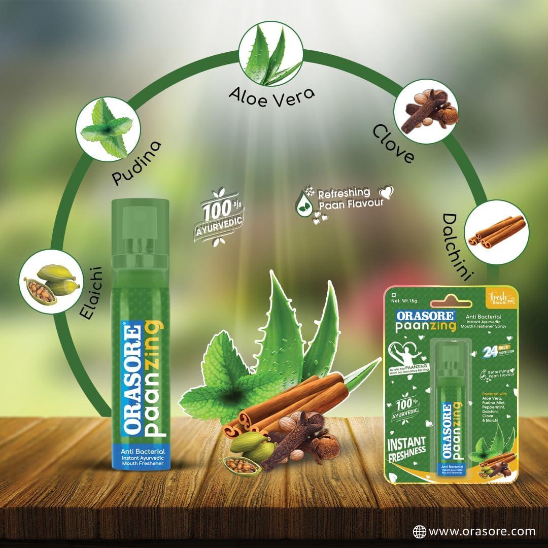 ORASORE PaanZing Instant Mouth Freshener Spray by Orasore | Paan, Aloe Vera, Pudina, Peppermint, Cinnamon, Clove & Elaichi | Anti Bacterial & Long Lasting, Germ-free Blend (Pack of 10)