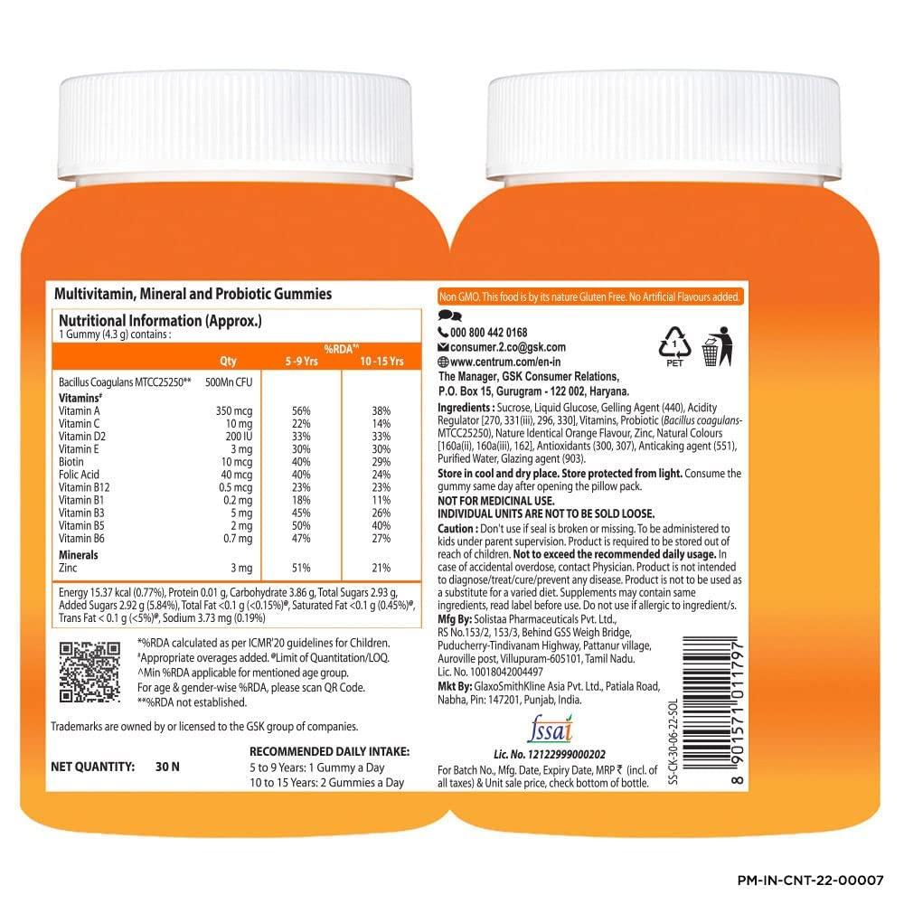 Centrum Centrum Kids, Multivitamin with Probiotics, Vitamin C & 11 other nutrients(Veg) - 50 Gummies & Centrum Kids, Multivitamin with Probiotics, Vitamin C & 11 other nutrients(Veg)- 30 Gummies