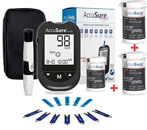 AccuSure AccuSure Instant Digital Simple Glucometer Kit | With 25 + 100(Additional) Strips,10 Lancet,1 Lancing device for Accurate Blood Glucose Sugar Testing Machine