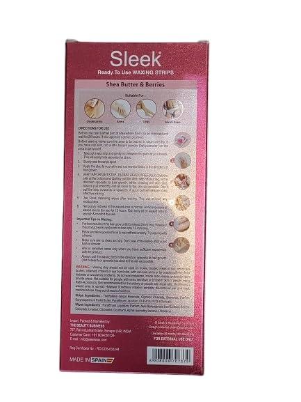 Generic Sleek Waxing Strips with Shea Butter & Berries, For Normal Skin, 8 Strips + 2 Wipes