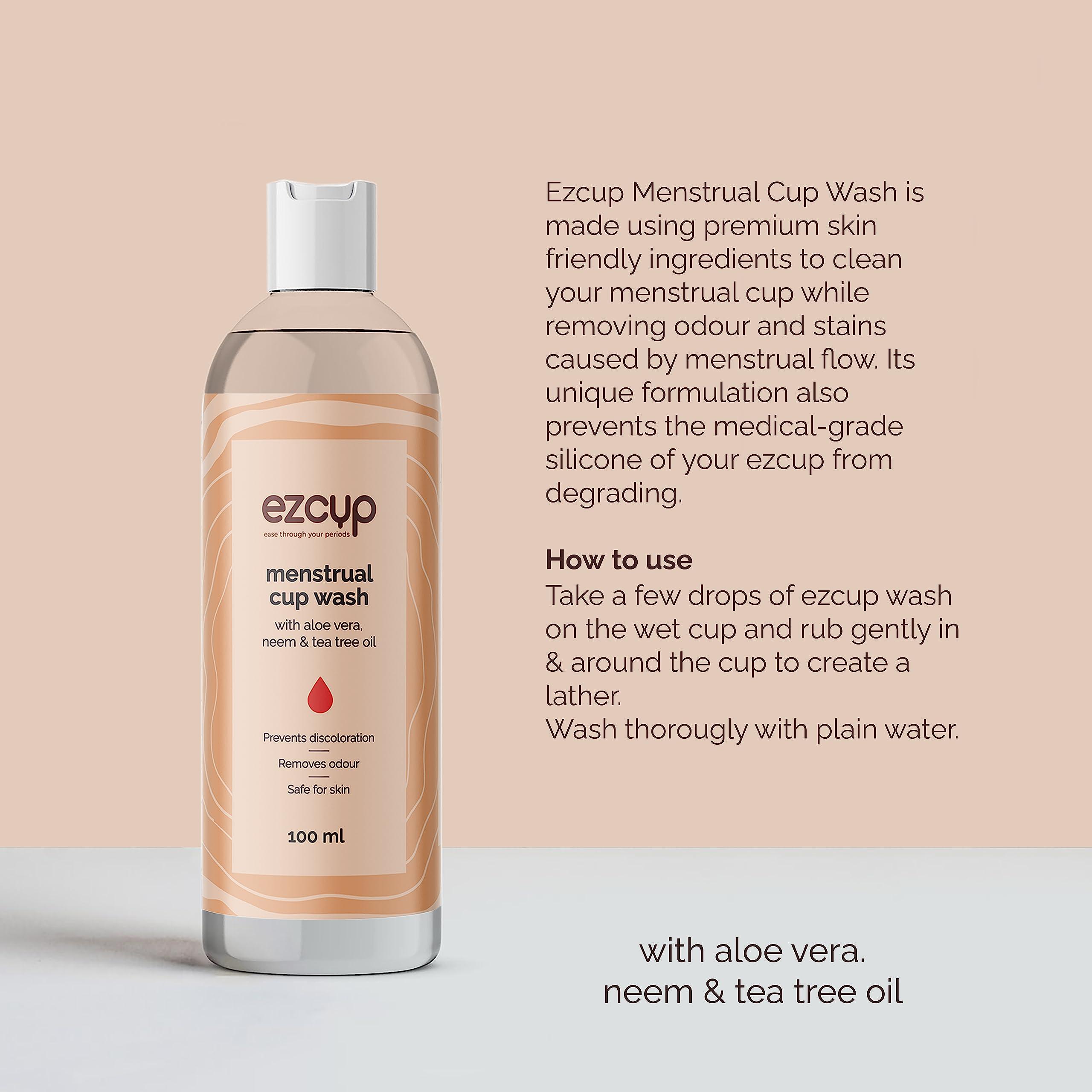 Ezcup Ezcup Reusable Menstrual Cup for Women with an easy-to-use Portable Sterilising Container,100% Medical Grade Silicone+Menstrual Cup Wash -100 ml with Aloe vera, Neem & Tea tree oil. (REGULAR+WASH)
