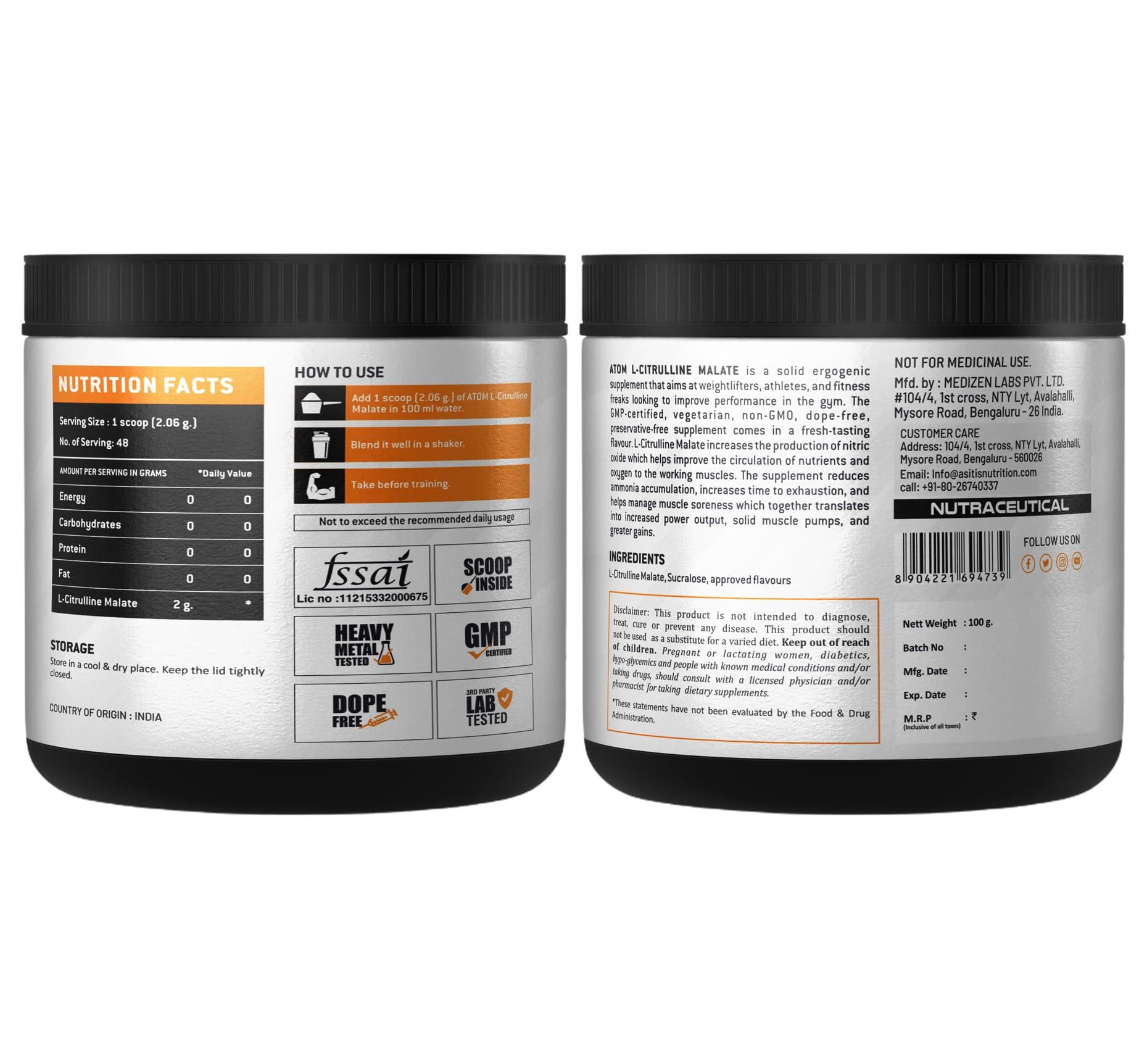 Asitis Nutrition AS-IT-IS ATOM L Citrulline Malate 2:1-100gms | 48 servings | 0 Sugar | Improves Tolerance to High-Intensity Exercise | Builds Stamina | Red Velvet Delight
