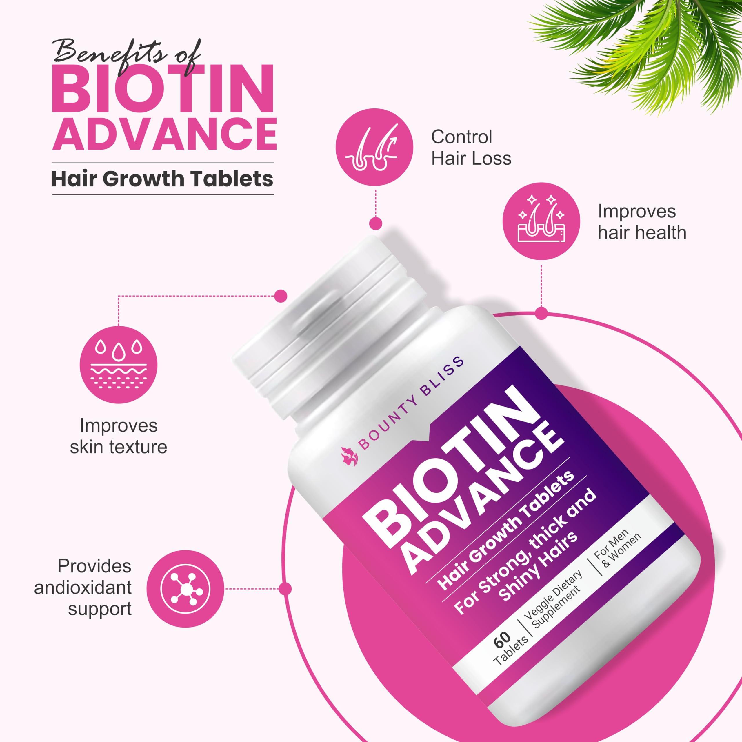 Bounty Bliss Bounty Bliss Biotin Advance Hair Growth Tablets Beauty & Hair Growth Gummies | Stronger & Shinier Hair, Nails & Skin | Biotin, Keratin For Men & Women (60 Tablets)