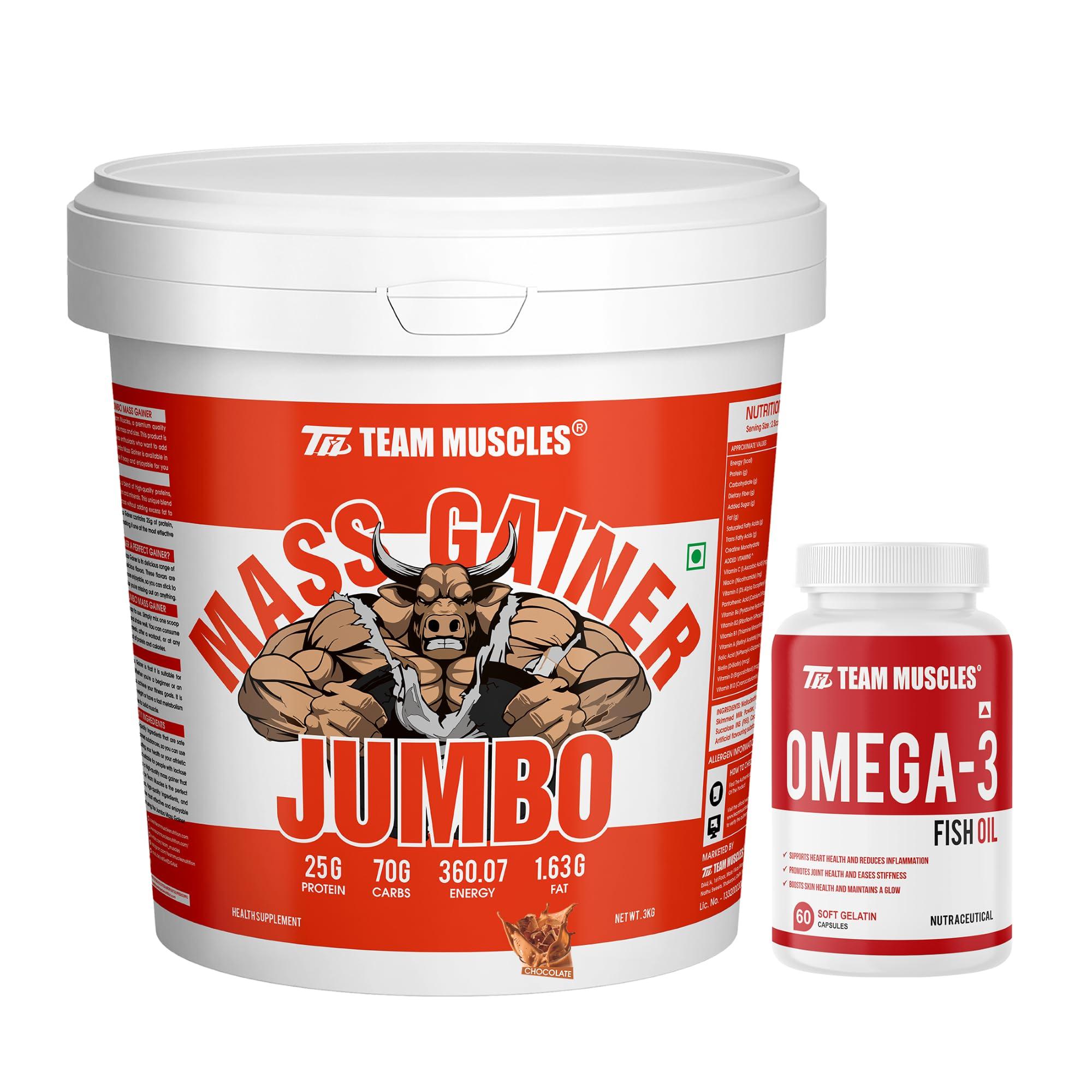 TM WITH TEAM MUSCLES Team Muscles Jumbo Mass Gainer-3Kg With Omega Fish Oil 60 soft Gelatine Capsules | Weight Gainer | Muscle Gainer (Chocolate)