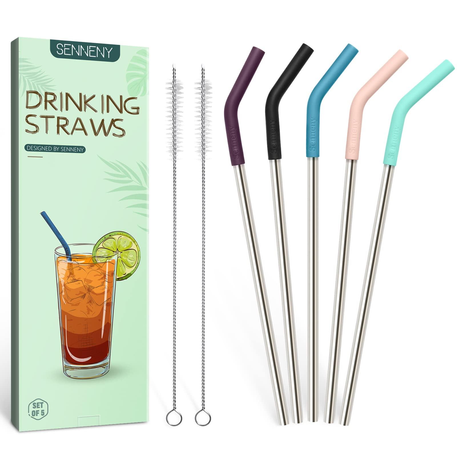 Senneny Senneny Set of 5 Stainless Steel Straws with Silicone Flex Tips Elbows Cover, 2 Cleaning Brushes and 1 Portable Bag Included (Silver)
