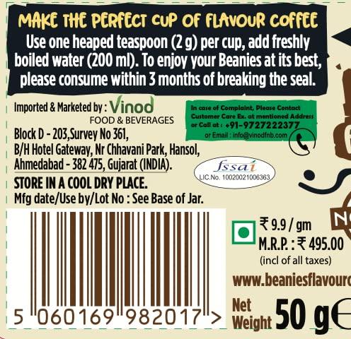 Beanies The Flavour Co BEANIES Flavoured Instant Coffee Powder - Very Vanilla Hot & Cold Coffee Makes 25 Cups 100% Arabica Light Roasted Coffee Sugar Free 50g. Bottle (Very Vanilla)