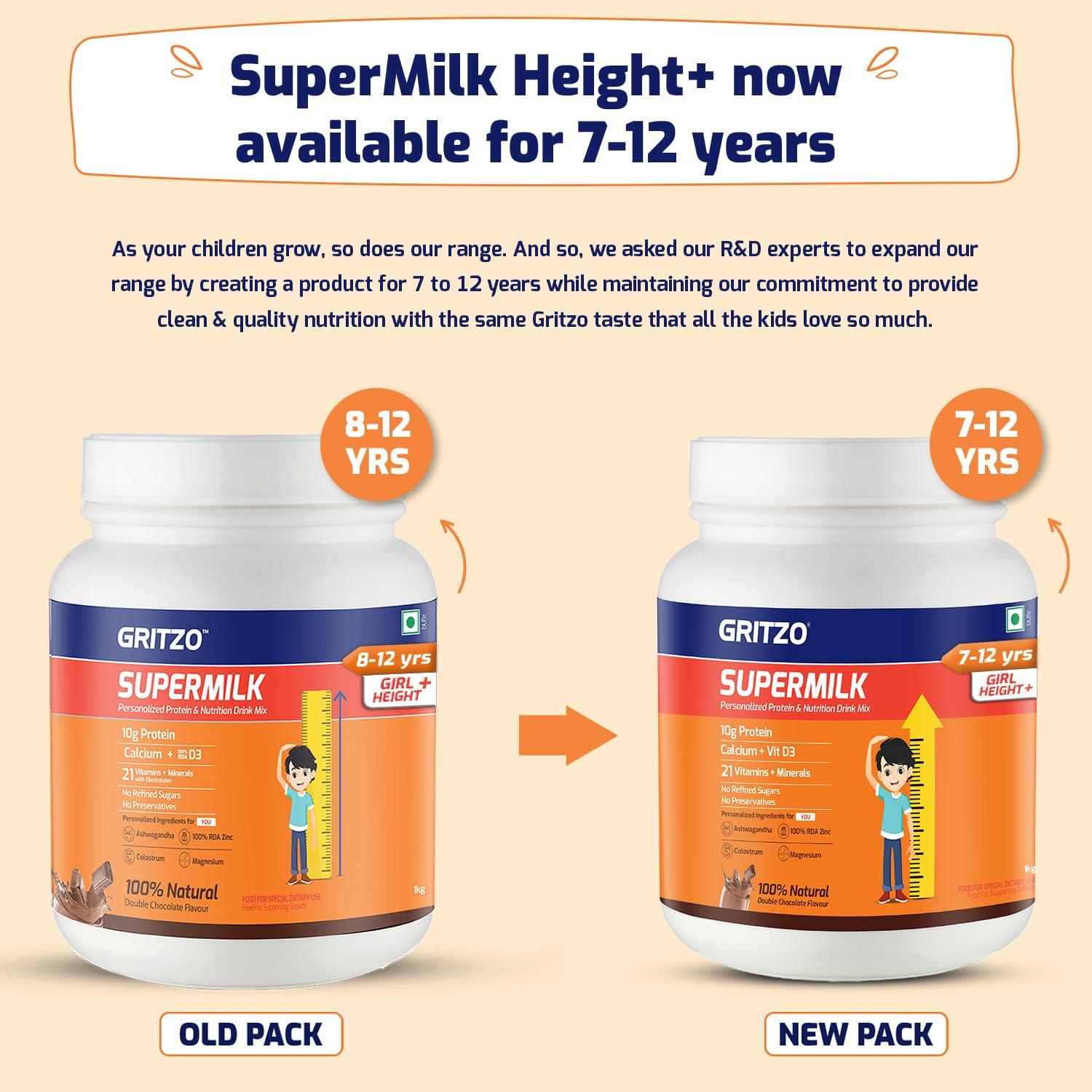 Gritzo Gritzo SuperMilk Height+ (7-12y Boys), 10g Protein Powder (Double Chocolate, 1kg) | Zero Refined Sugar, 21 Vitamins & Minerals