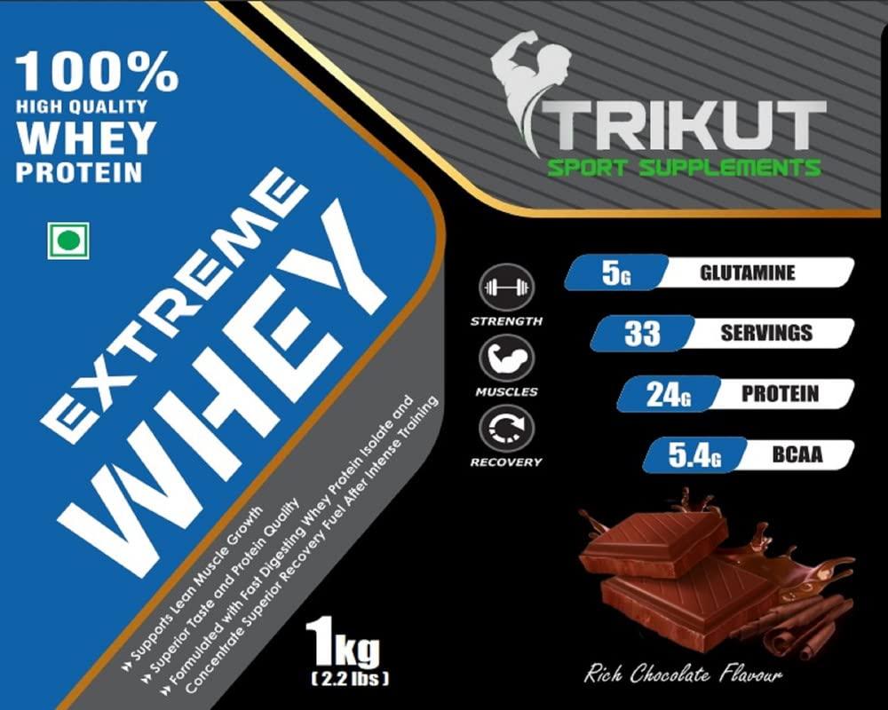 Trikut Sport Supplements Extreme Whey Protein 2.2lbs/1kg - 24g Protein Per Serving - Rich Chocolate