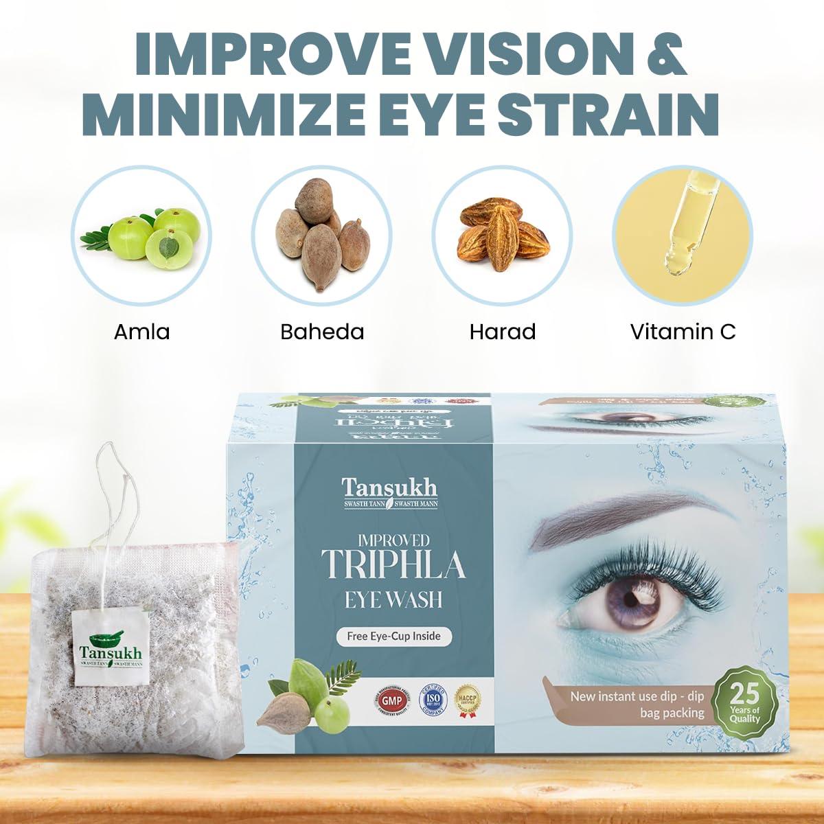 TANSUKH TANSUKH Improved Triphala Eye wash And Vizon Eye Drop Combo | With 30 Instant Dip Bags & Free Plastic Transparent Eye Wash Cup And Eye Drop For Tired Polluted Swelling Itching And Eye Irritation Herbal Remedy