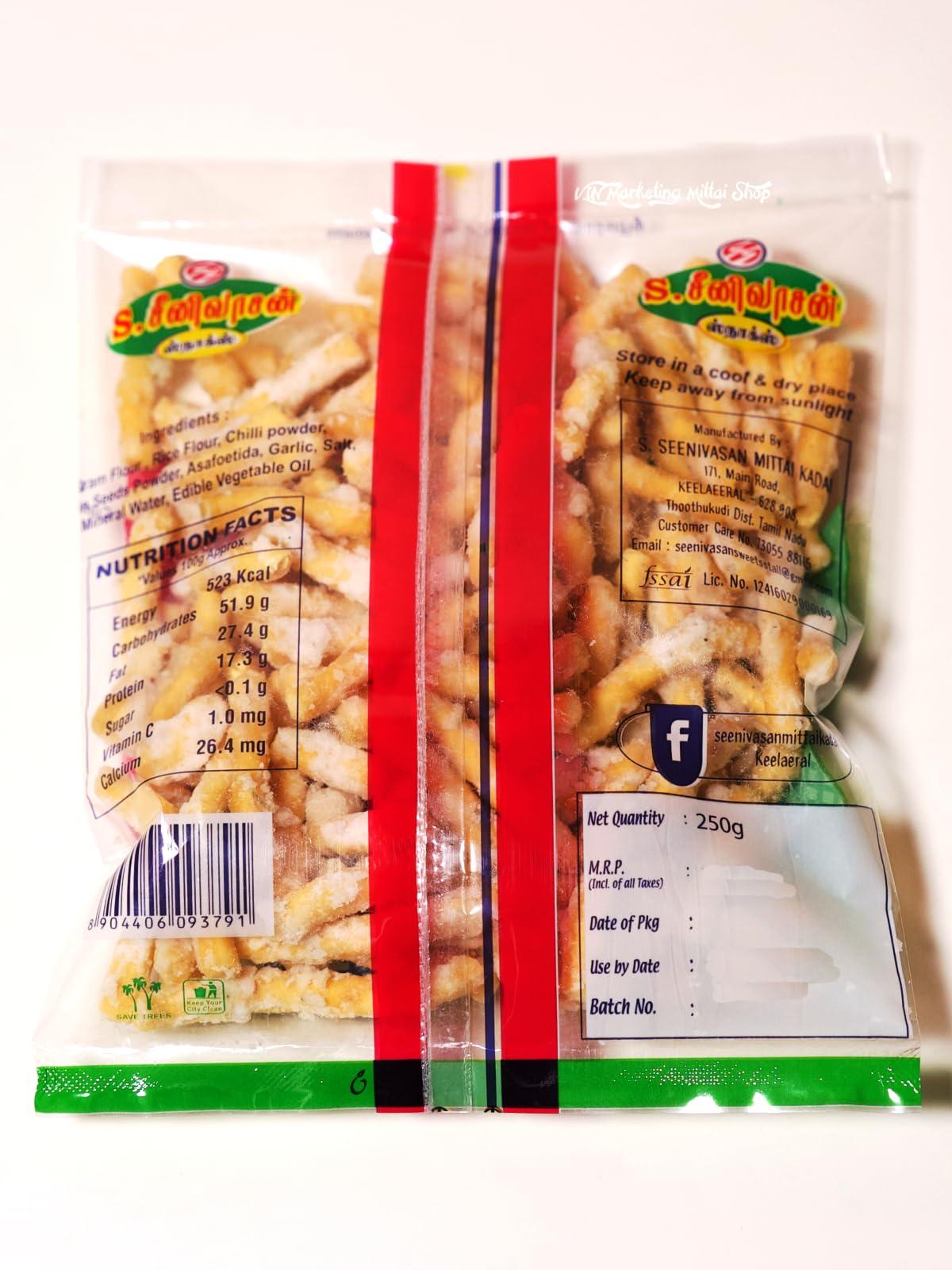 S. SEENIVASAN MITTAI KADAI S SEENIVASAN Corn Mixture 250g | Sweet Sevu 250g | Kovilpatti Kadalai Mittai 250g - Pack of 3 (750g)