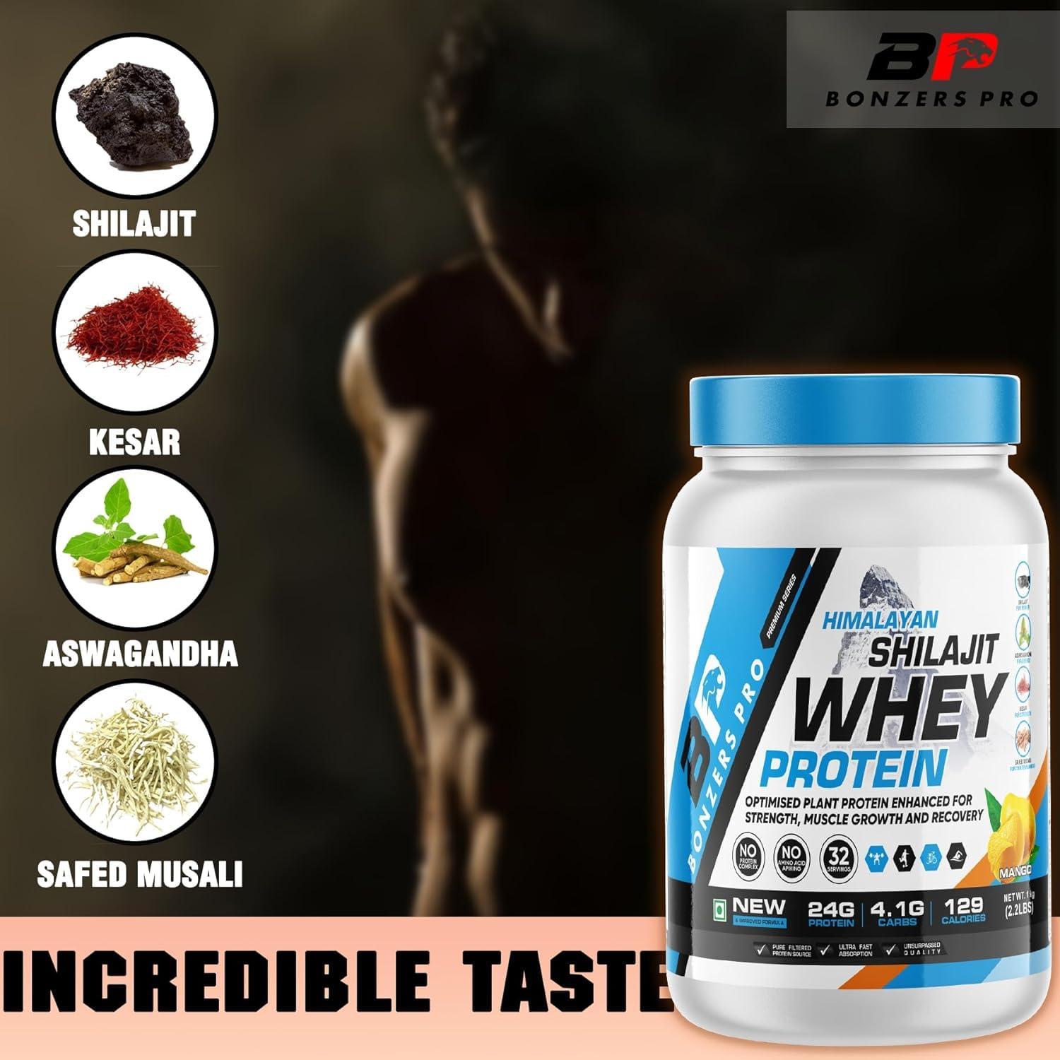 BONZERS PRO Bonzers Pro Himalayan Shilajit Whey Protein - 1 Kg (2.2 lbs) | 24g Protein, 5.5g BCAA, Ashwagandha, Safed Musli, Kesar for Muscle Growth | Mango Flavor