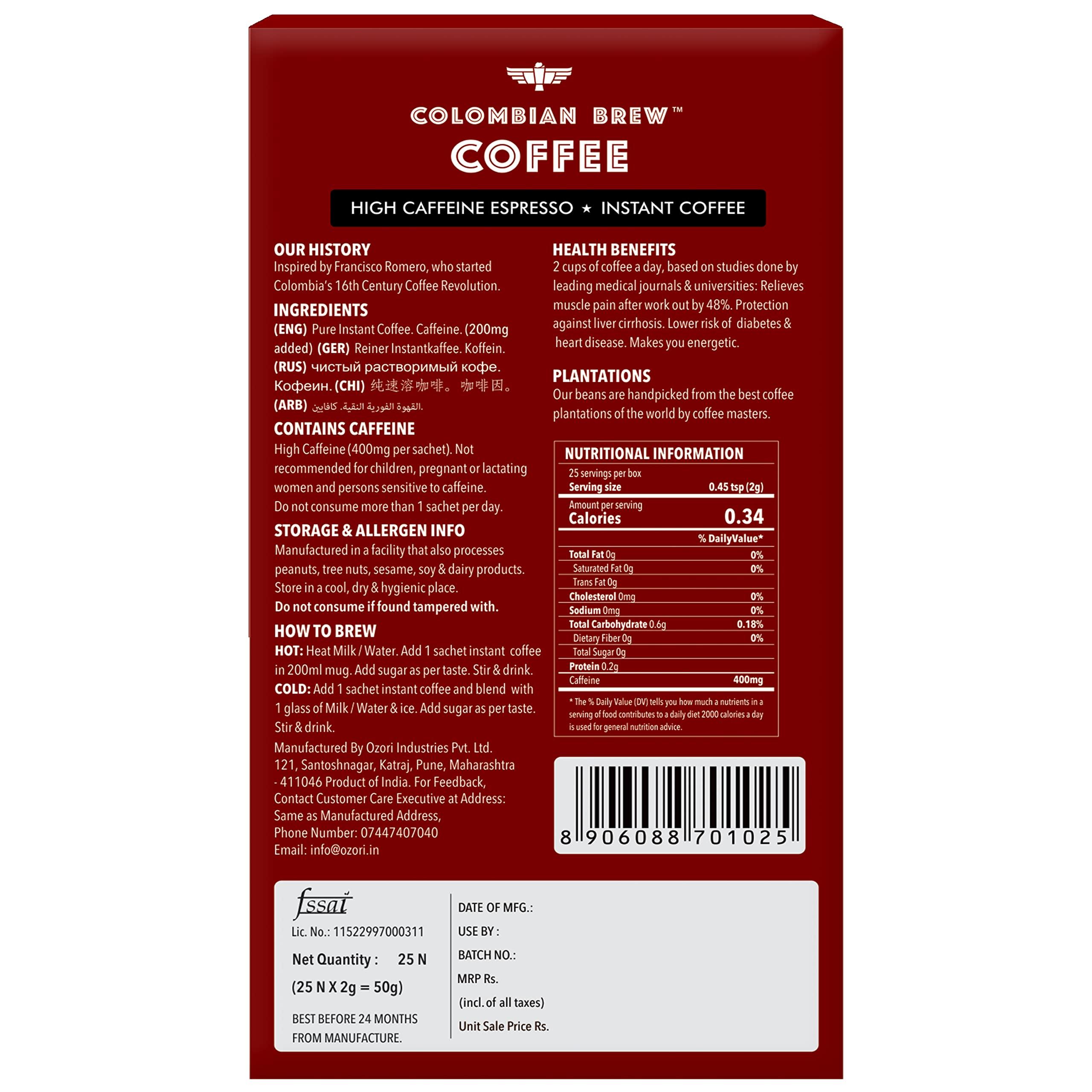COLOMBIAN BREW COFFEE Colombian Brew High Caffeine Espresso Instant Coffee Powder, Strong, 50g & Colombian Brew Vanilla Instant Coffee Powder, No Sugar Vegan, 50g
