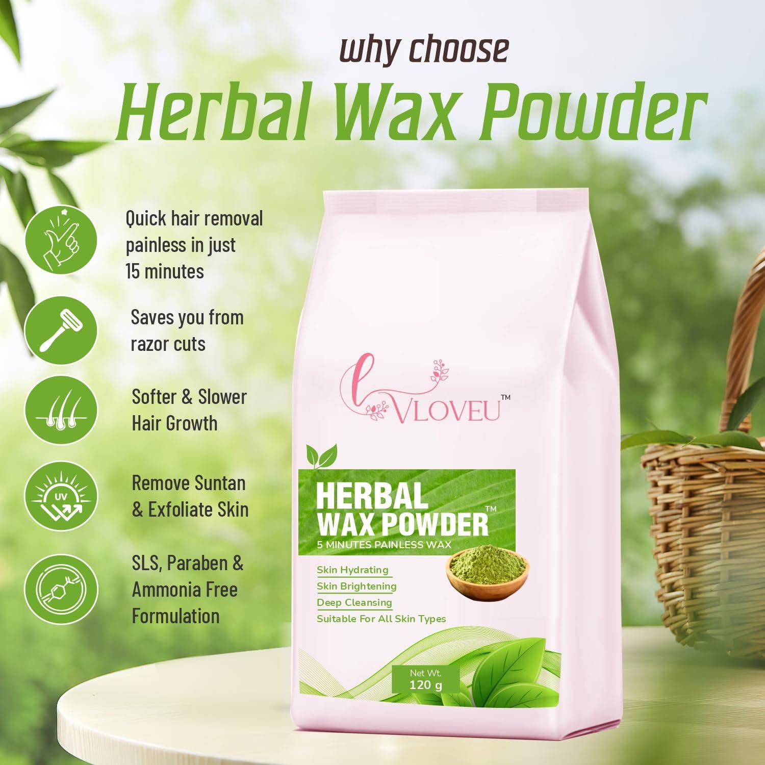 VLOVEU VLOVEU - Herbal Wax Powder for Hair Removal - 120g | 5 Minutes Painless Facial Hair Removal Powder for Women | Natural Face Hair Remover, Bikini, Legs, And Underarms Wax Powder - Pack of 1