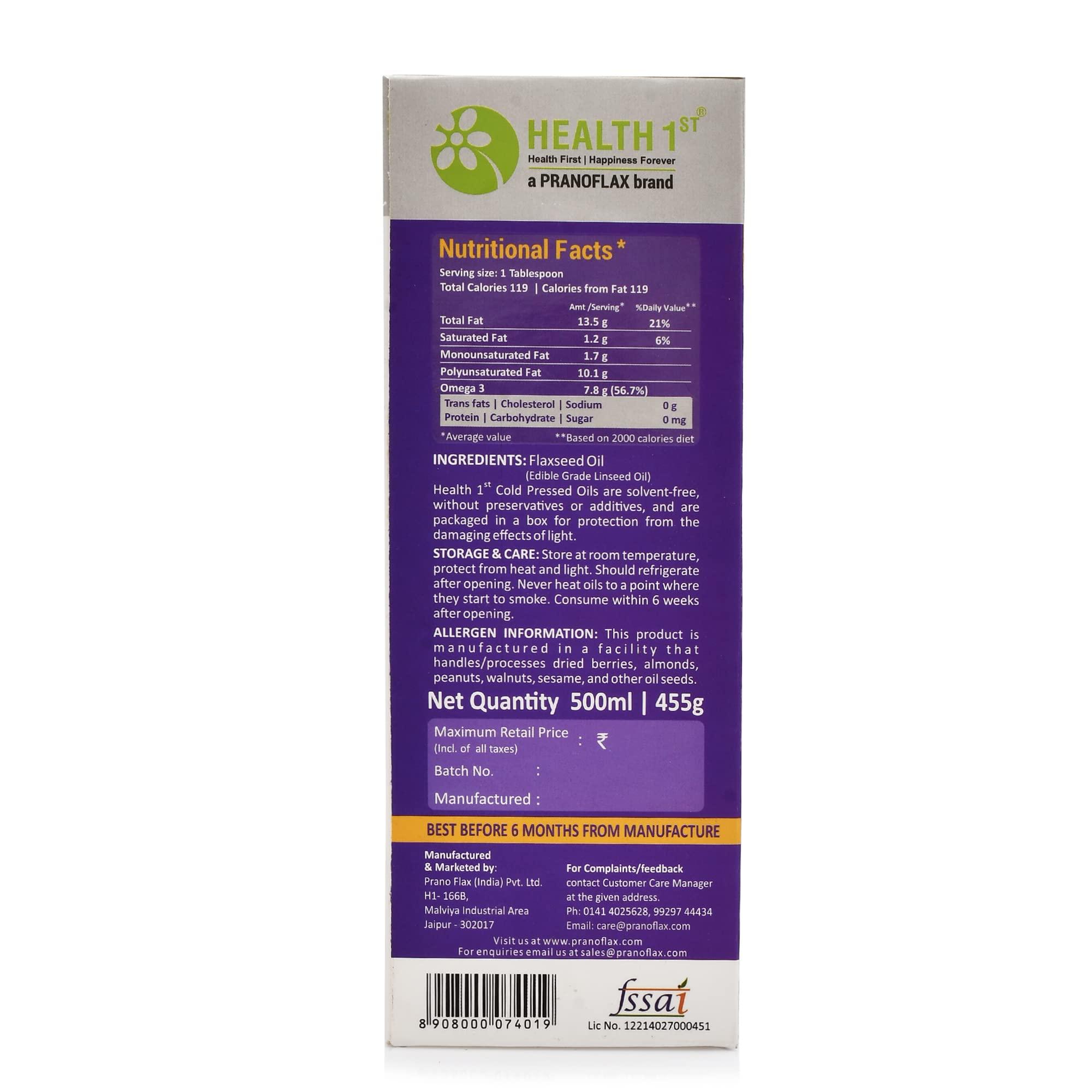 HEALTH 1st HEALTH 1st Cold Pressed Extra Virgin Flaxseed Oil (Alsi Oil), 500 ml, Good Source of Edible Omega 3,6,9