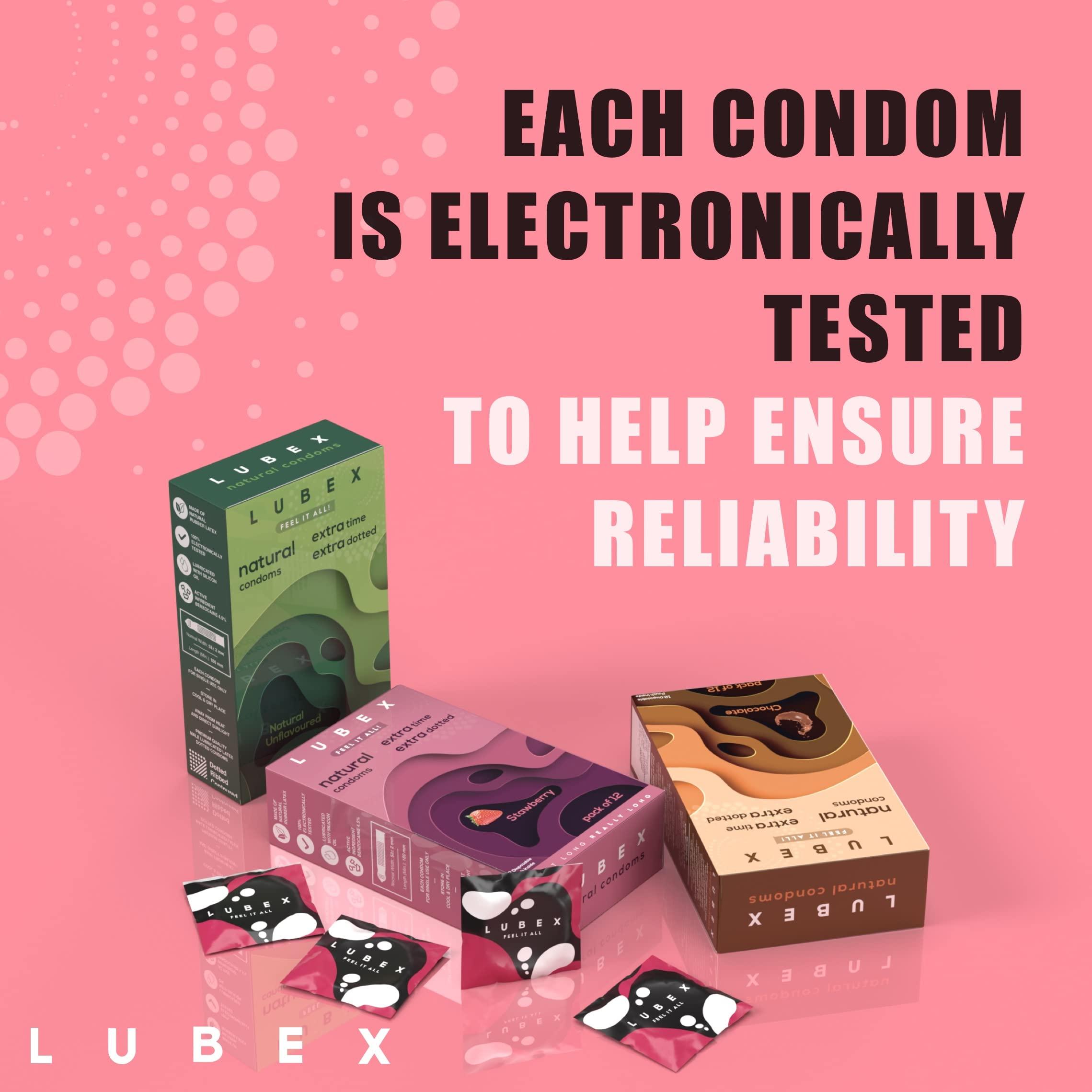 LUBex Lubex 6 in 1 Condoms - Long Lasting, Extra Dotted with Condom Disposable Bags - Extra Ribbed for Girls & Extra Time for Men - Strawberry Flavour - Combo Pack of 12 Condoms