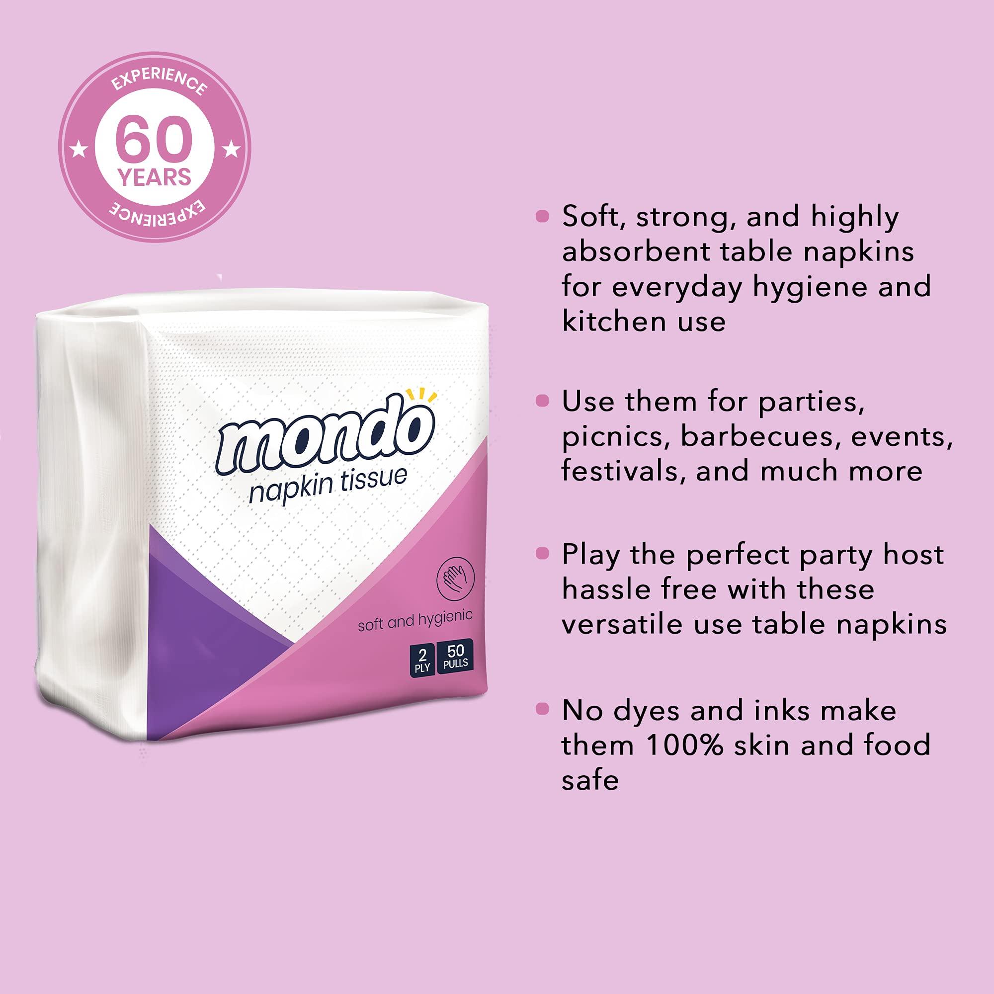 MONDO Mondo Napkin Tissue Paper (Size 30x30 centimetres, 2 Ply, 50 Pulls) | Pack of 5 Boxes | 100% Food & Skin Safe FDA Approved, OBA Free | Use in Kitchen & Dining, Catering, School & Office