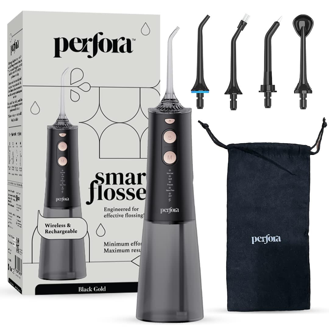 Perfora Perfora Smart Water Dental Flosser - 300ml | 2 Year Warranty | 5 Water Pressure Settings & 5 Nozzles, 1500mAh Battery | Rechargeable Dental Floss for Teeth Oral Care, IPX7 Waterproof (Black Gold)