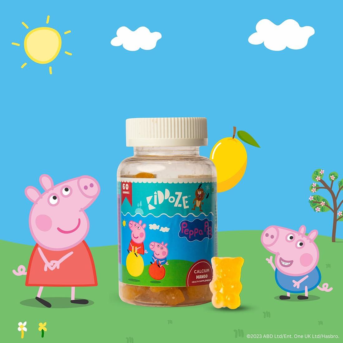 KIDDOZE KIDDOZE Calcium Gummies With Free Peppa Pig Toys For Kids Between 3 To 16 Years Of Age, Promotes Bone, Muscle & Teeth Strength (All Natural Mango Flavour) - 60 Gummies (Free Surprise Gift Inside)
