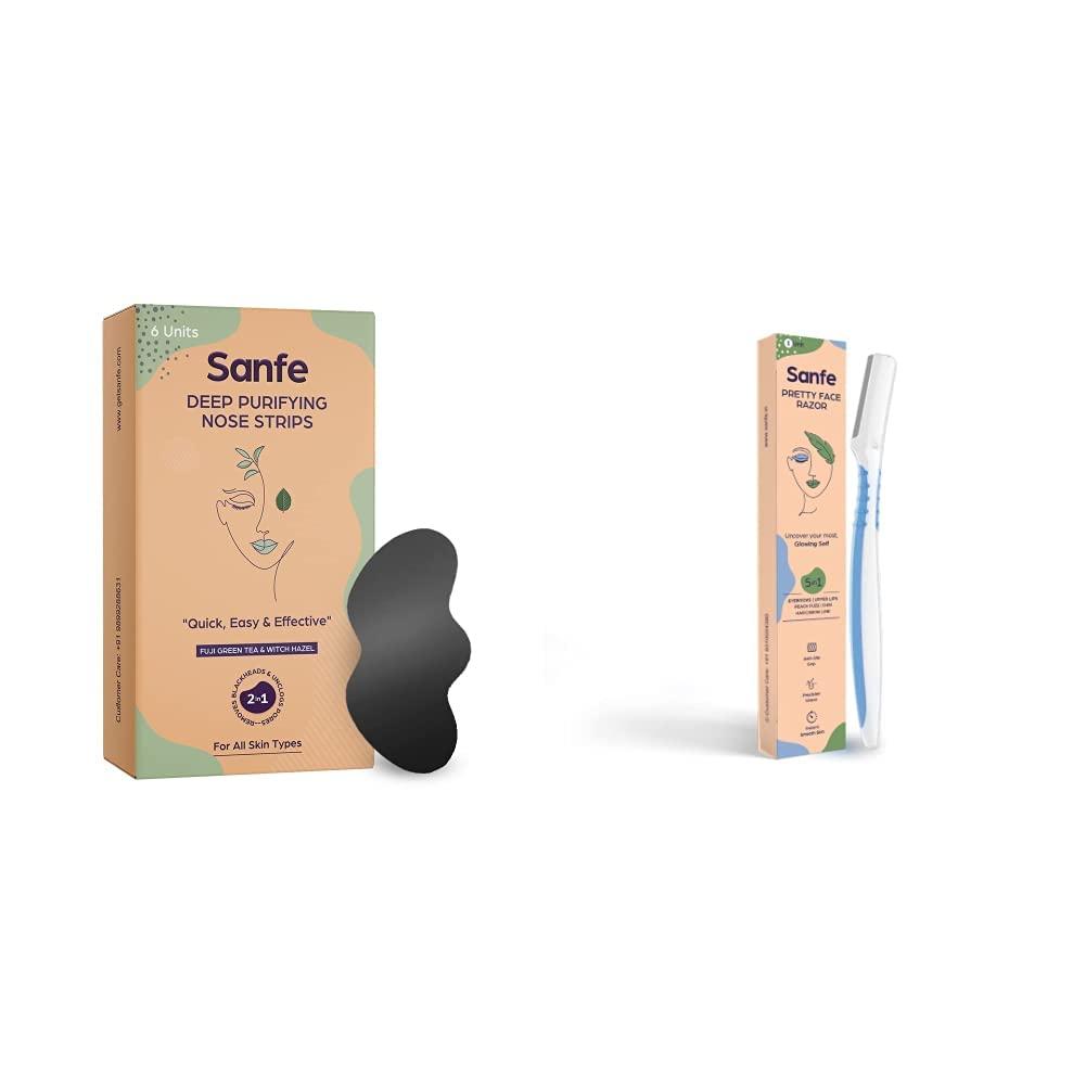 Sanfe Sanfe Deep Purifying Nose Strips for Women - Pack of 6 & Sanfe Pretty Face Razor for pain-free facial hair removal - Pack of 1, Firm Grip White, Medium