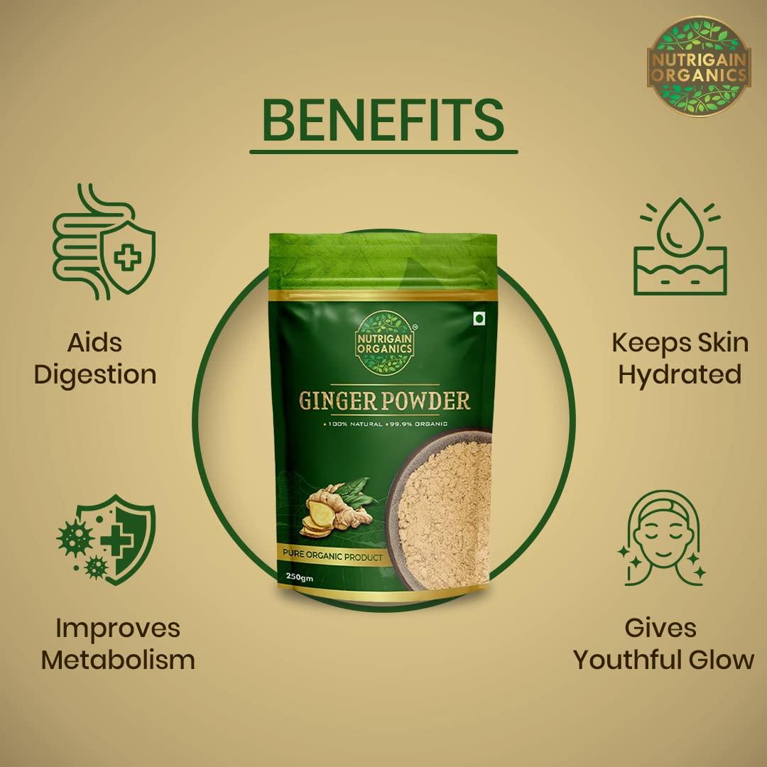 NUTRIGAIN ORGANICS Nutrigain Organic Ginger Powder | 100% Pure Adrak | Use In Tea Or Cooking | Premium And Desi Sunth | Fresh And Fine Powder | 250 grams Pack Of 3