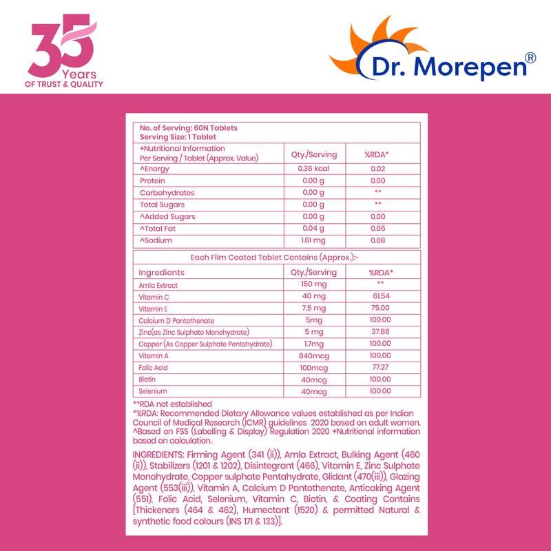 Dr. Morepen Dr.Morepen Biotin+ Tabs | With Multivitamins, Amino Acids, Natural Extract of Amla, Turmeric & Green Tea, Bhringraj & Brahmi | 60 Tablets Pack of 2
