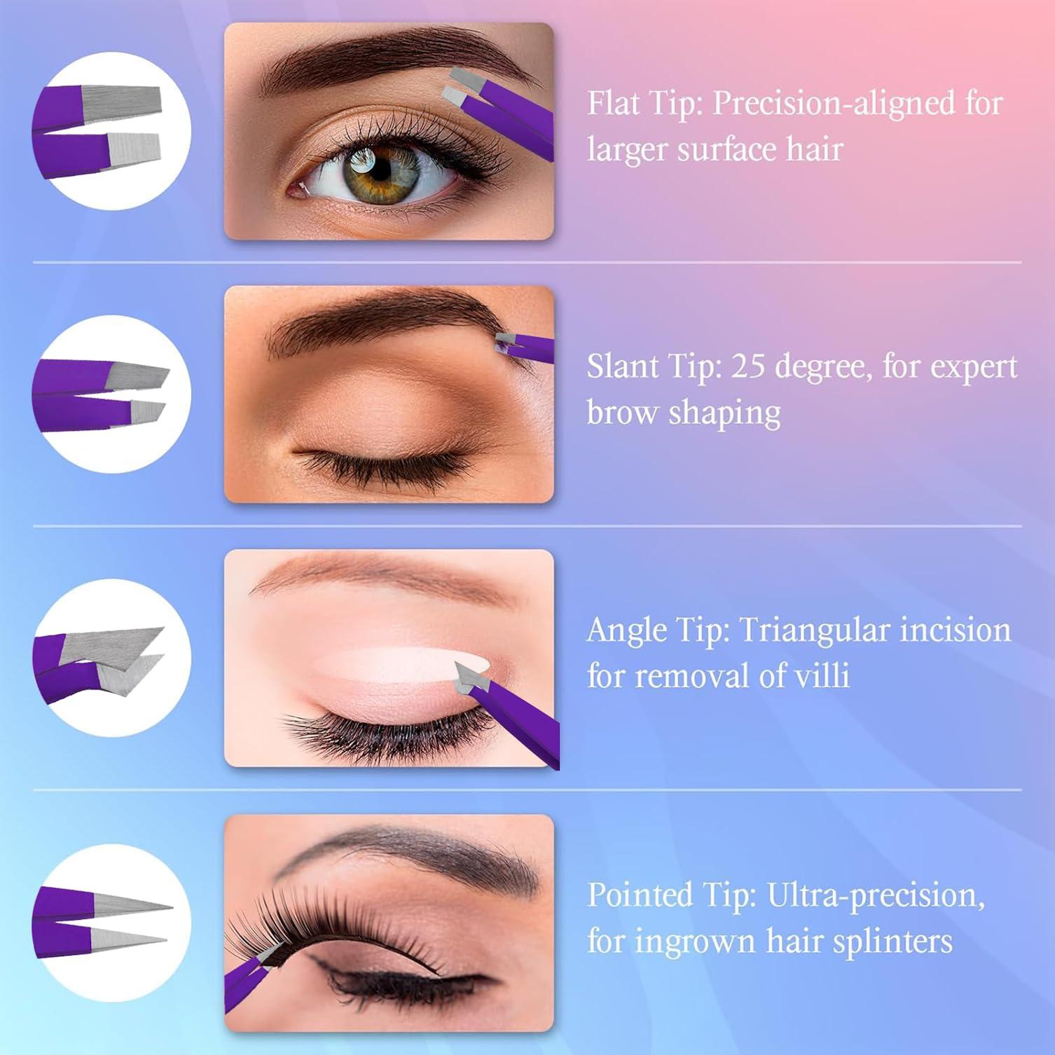 PROMAX Promax Care EyeBrow 4-piece Tweezers Set;-for Eyebrow Plucking, Ingrown Hair -Best for Eyebrow Hair, Facial Hair Removal,Splinter - Stainless Steel Precision Sharp- Pointy Ends Meet Perfectly (Purple)
