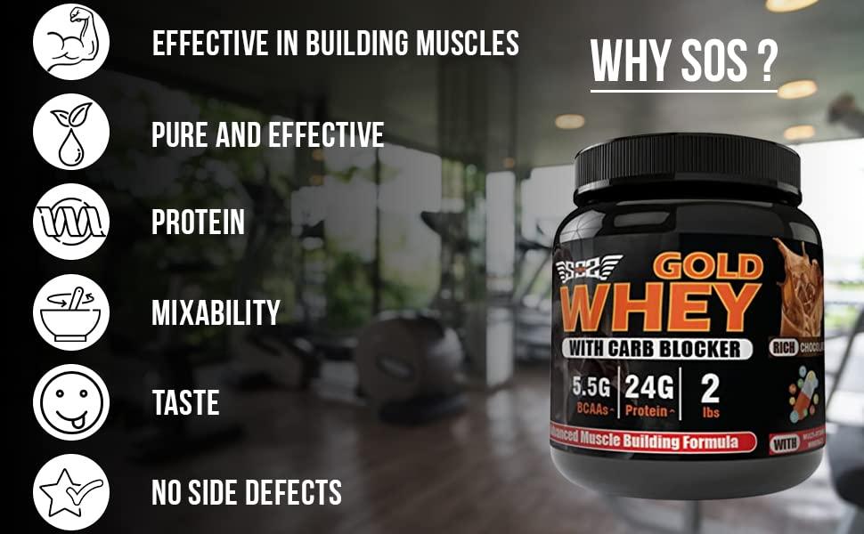 SOS Nutrition SOS Nutrition Whey Protein Powder for Men, GOLD Whey for Muscular Lean Body, 24g Protein/Day, 5.5g BCAAs, Ashwagandha, Kali Musli, Multivitamins (Chocolate, 910g)