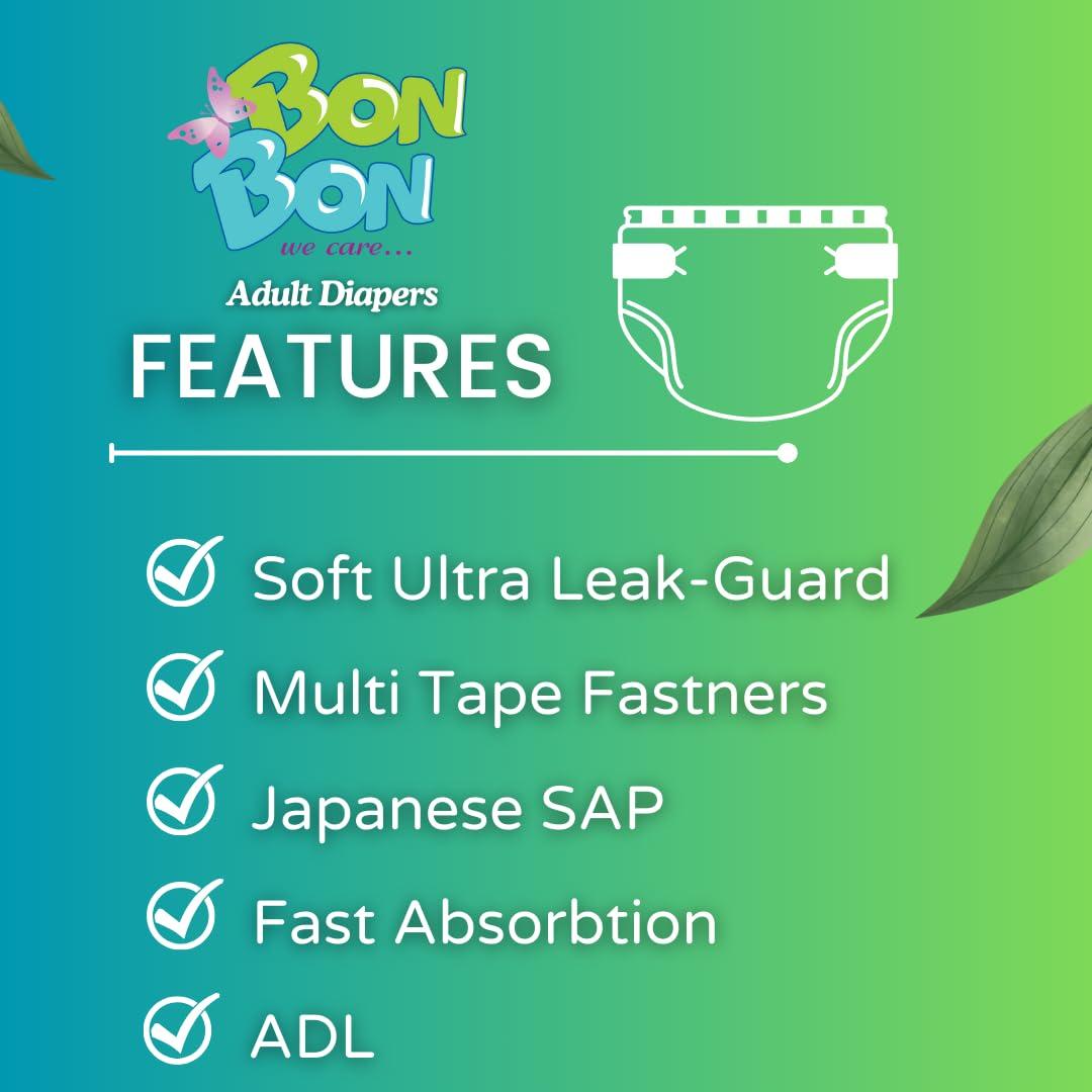 BON BON Bonbon Classic Adult Diaper Tape Style Large (PACK OF 3) - 30 Count - L - Ultra Leak-Guard with Anti Bacterial Layer and Multiple Tape Fastners - Waist Size 39-59 Inch, 99-149 cm