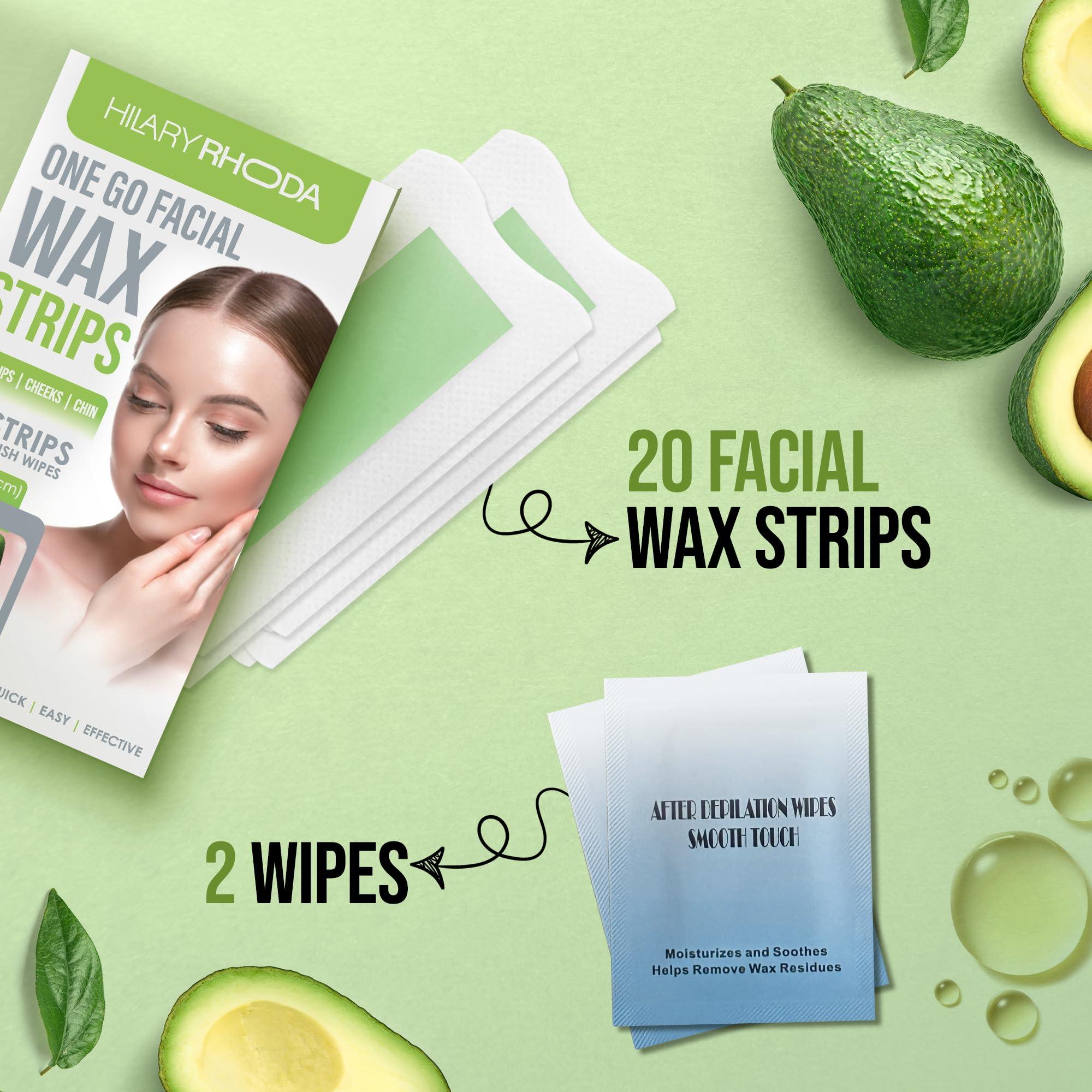 Hilary Rhoda Hilary Rhoda One Go Facial Wax Strips | Ready-To-Use Facial Wax Strips | Face, Cheek, Upper Lip & Chin Facial Wax | Painless Hair Removal | With 2 Finish Wipes | 20 Strips (Avocado Oil)