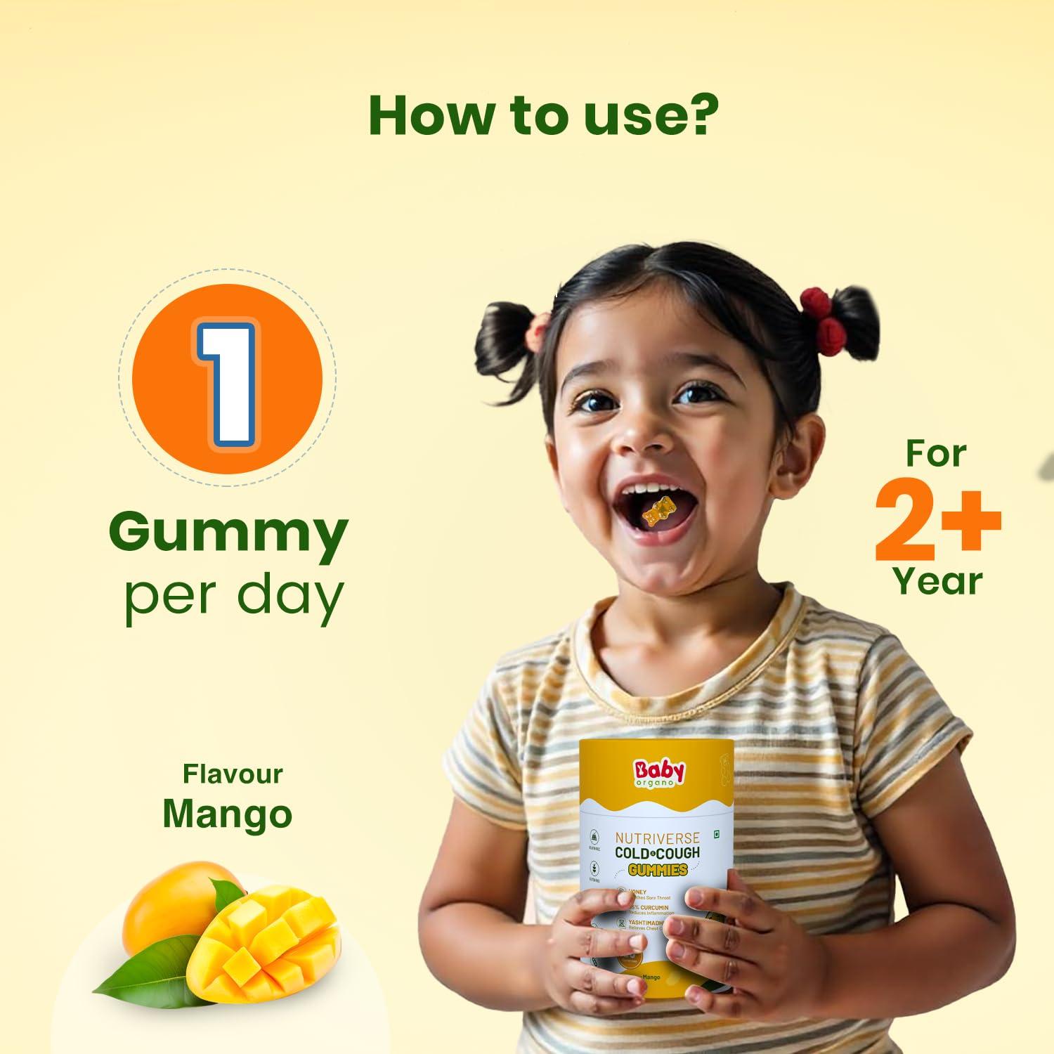 Babyorgano Babyorgano Nutriverse Cough & Cold Relief Gummies For Kids (2-15 Yrs) |30 Gummies |Relieve Dry Cough, Throat Irritation|Non-Drowsy, Ayurveda Inspired Formula, No Gelatin, Gluten, Dairy|Mango Flavor