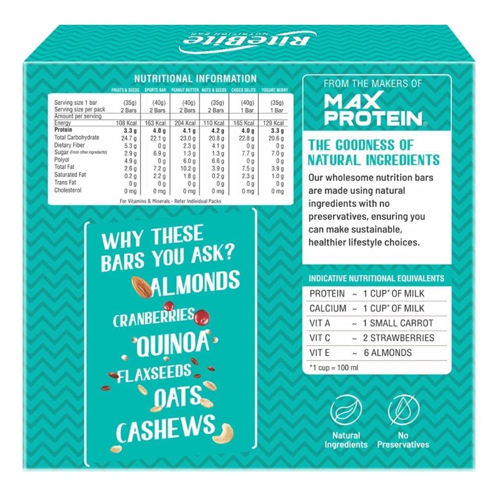 RiteBite Max Protein RiteBite Max Protein Assorted (Fruits & Seeds, Sports Bar, Peanut Butter, Nuts & Seeds, Choco Delite, Yogurt Berry) Nutrition Bar with Quinoa Oats | No Cholesterol & Trans Fat Snack Bar, 35g (Pack of 10)