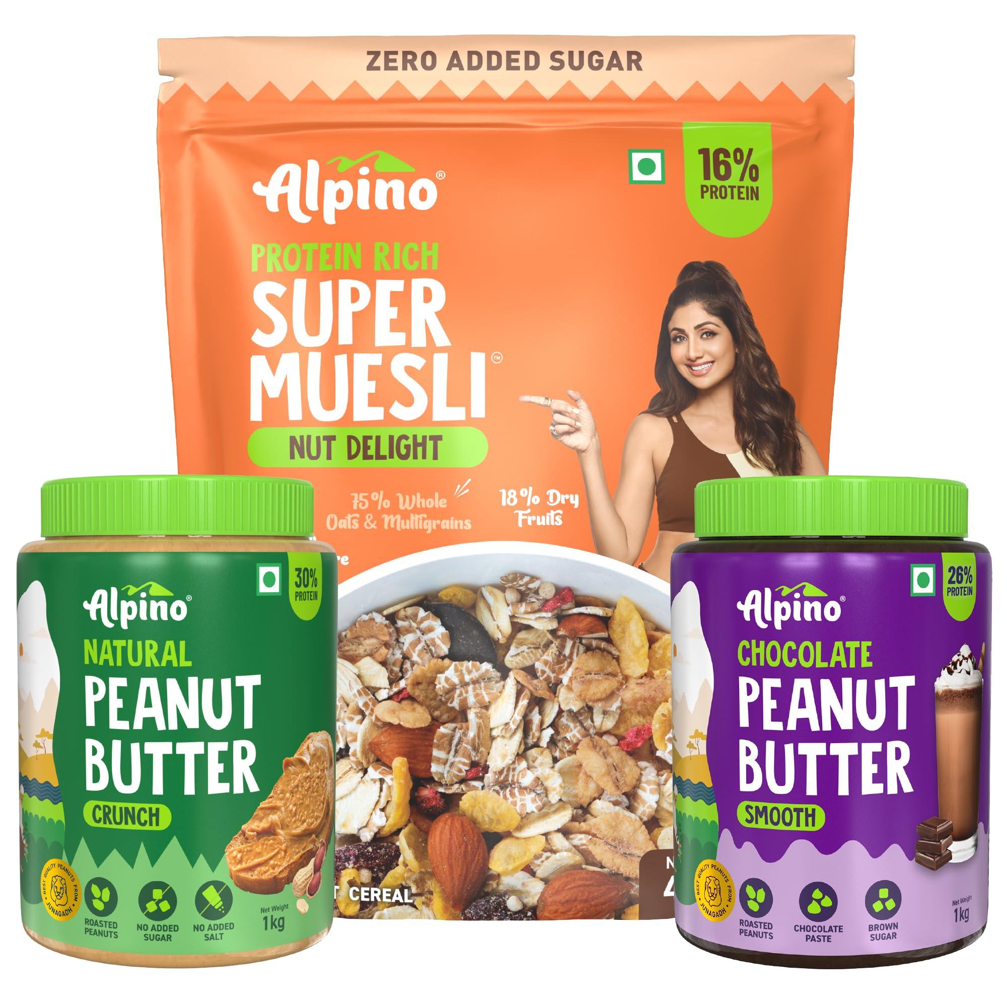 Alpino ALPINO High Protein Diet Super Combo - Natural Peanut Butter Crunch 1kg, Super Muesli Nut Delight 400g, Chocolate Peanut Butter Smooth 1kg
