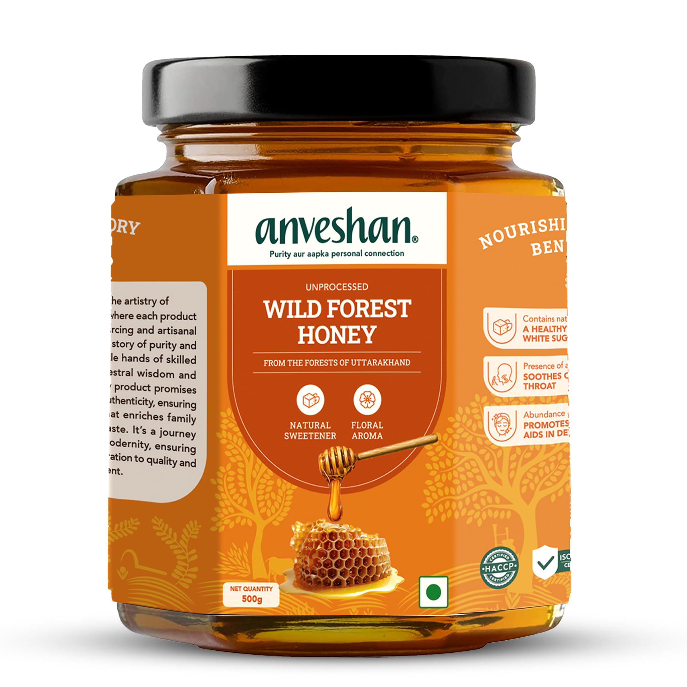 Anveshan Empowering farmers with technology Anveshan Wild Forest Honey 500g | Glass Jar | NMR tested | Raw & Unprocessed | No Added Sugar | Immunity Boosting