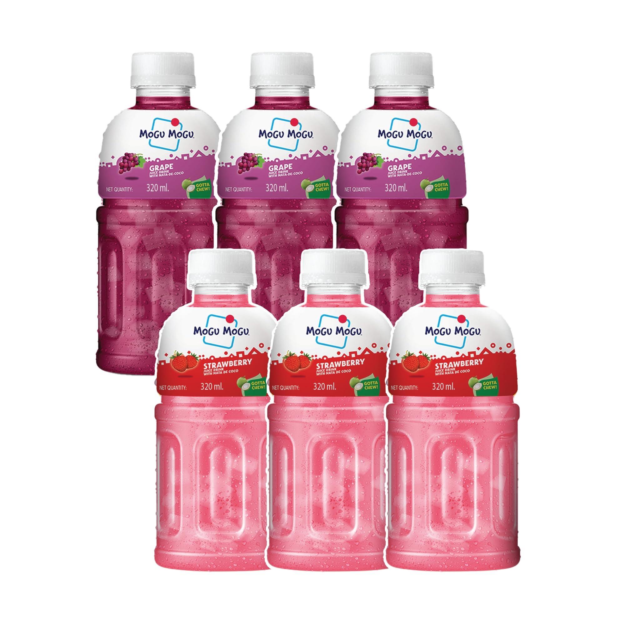 Mogu Mogu Mogu Mogu Strawberry and Grape Juice 25% with NATA De Coco | Energy Booster Drink | Full of Fruit Fibres | No Added Preservatives and Colours - (Pack of 6, 300ml each)