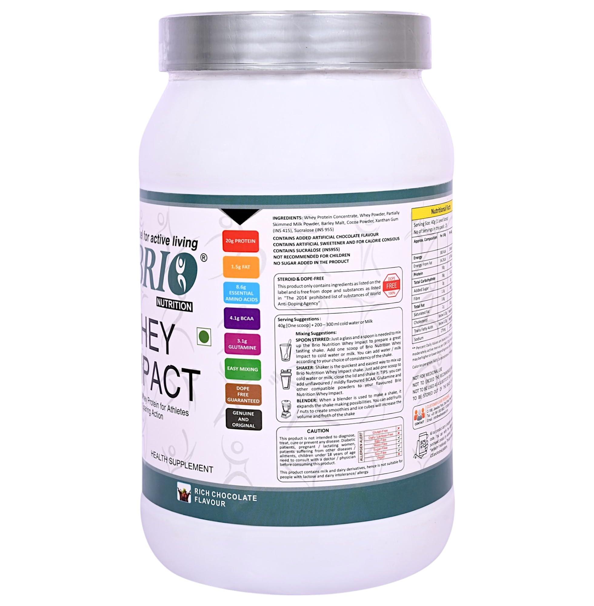 BRIO NUTRITION BRIO NUTRITION - Whey Impact Protein Powder - 20g Protein, 8.6g EAA, 4.1g BCAA, 3.1g Glutamine - Per 40g Serving [1kg jar - Rich Chocolate Flavour]