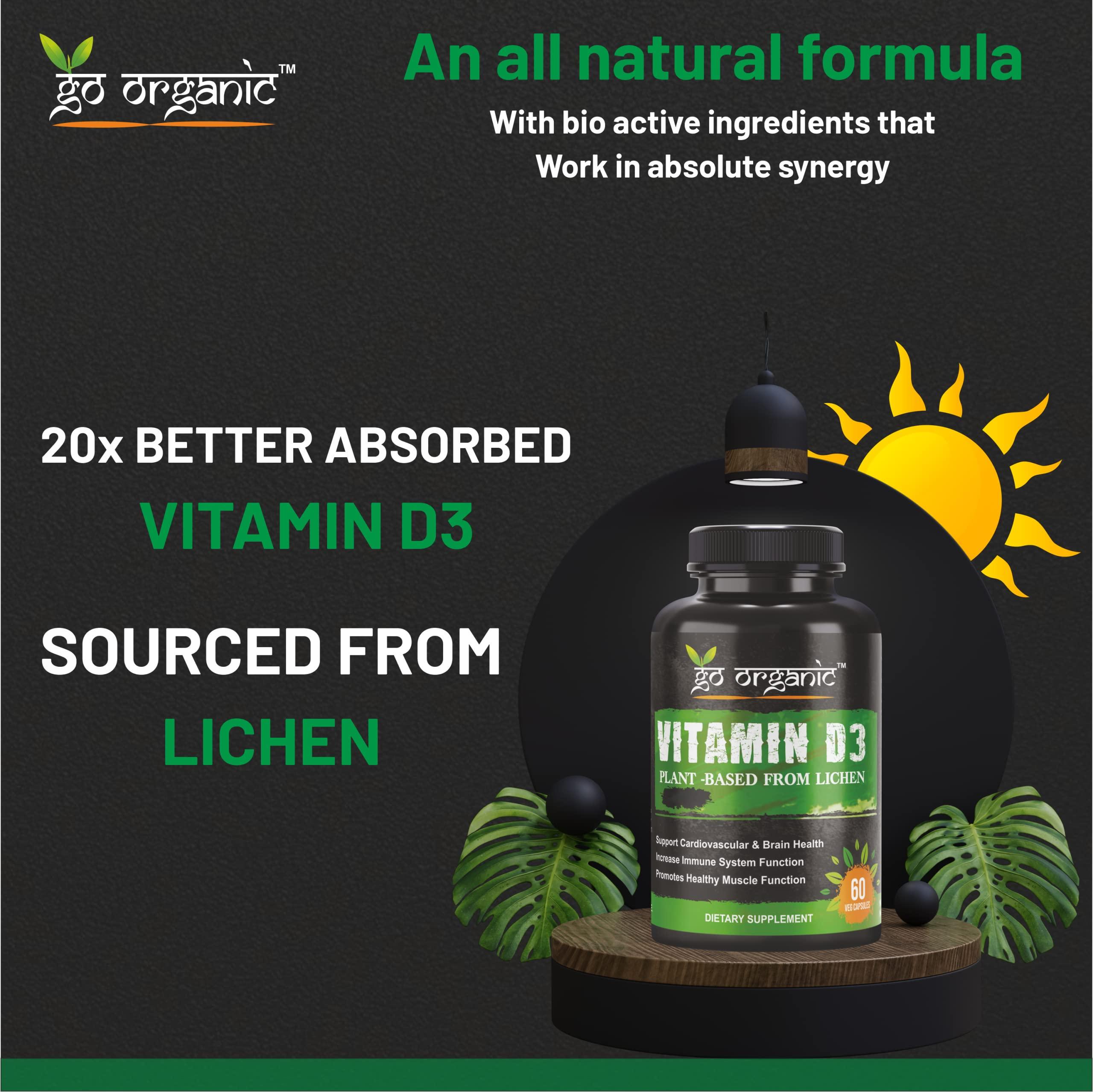 Go Organic Go Organic Vitamin D3 Plant Based from Lichen - Natural D3 Supplement for Immune System, Bone Support, Joint Health - Vegan - Non-GMO - Gluten Free 60 Cap.