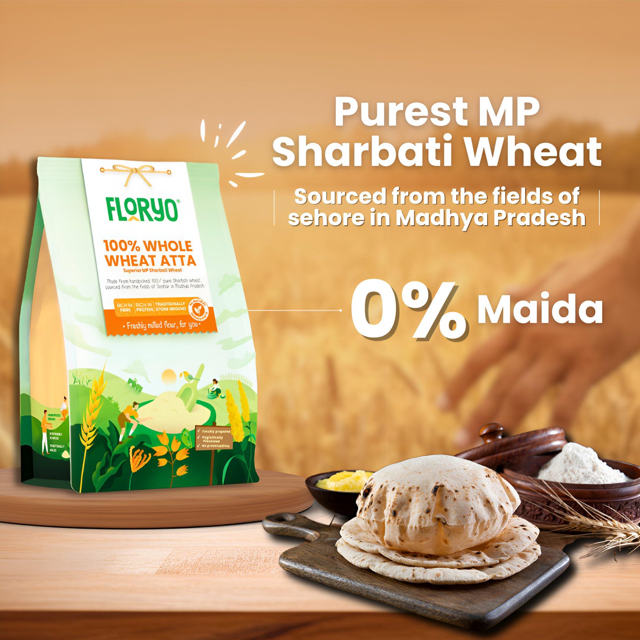 Floryo Floryo 100% Whole Wheat Atta (Superior MP Sharbati Wheat) | Coarse Texture | High Fibre | Freshly Milled After Order | Stone Grounded | 0% Maida | No Preservatives | 1Kg