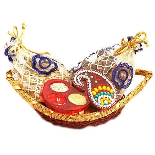 Ghasitaram Gifts Ghasitaram Gifts Bhaidooj Gifts Healthy Hampers- Boat Basket with Sugarfree Dates and Figs Bites , Roasted Namkeen Pouches and Roli Chawal Container