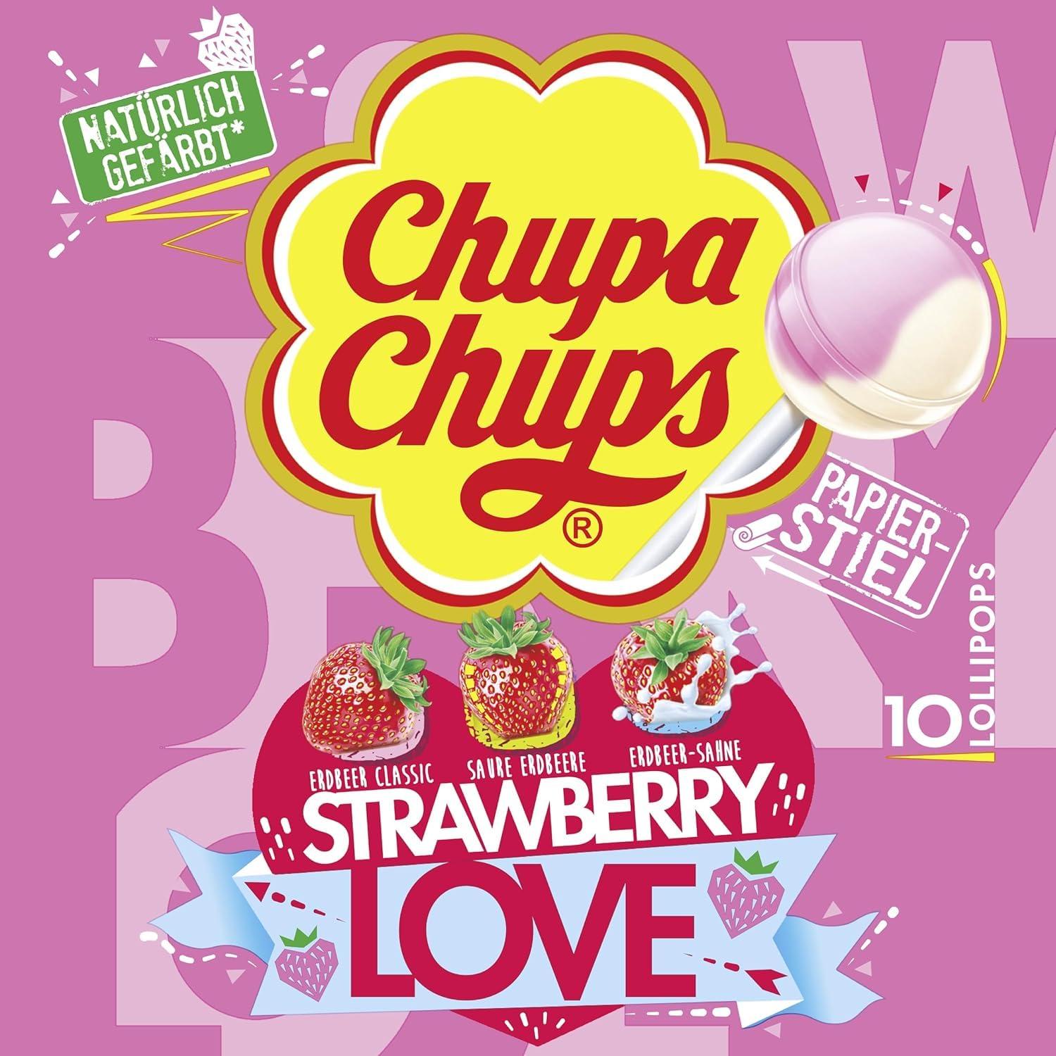 Chupa Chups Chupa Chups Strawberry Love Flavor 10 Lollipops (Strawberry, Sour Strawberry & Strawberry Cream)Imported, 120g