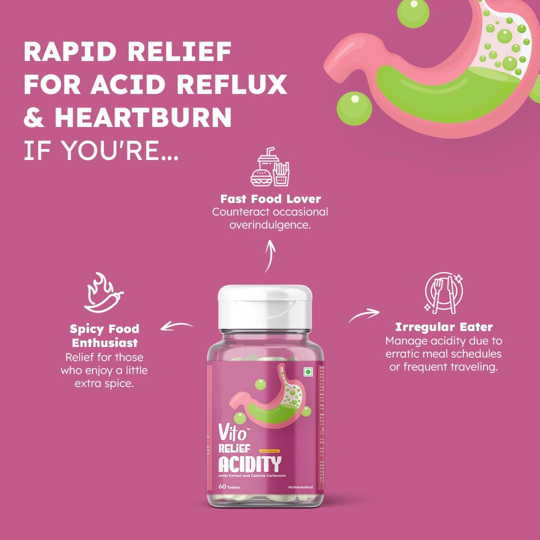 Vito Relief Vito Relief Acidity Chewable Tablets For Heartburn and Acid Reflux Lemon Flavor - Plant Based Natural Ingredients Amla And Calcium Carbonate For Instant Relief, 60 Tablets (60 Tablets)