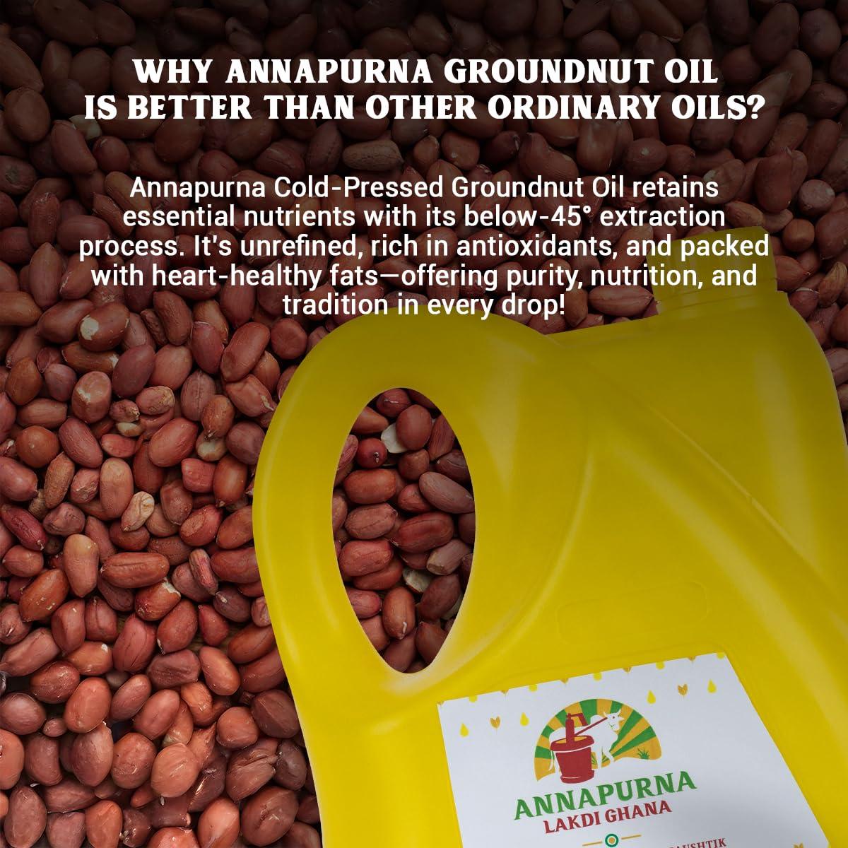 Annapurna Lakdi Ghana Annapurna Lakdi Ghana Cold Pressed Groundnut/Peanut Oil | Kolhu Kachhi-Ghani Wood Pressed Natural Cooking Oil | Pro Healthy, Chemical Free (5 Litre)