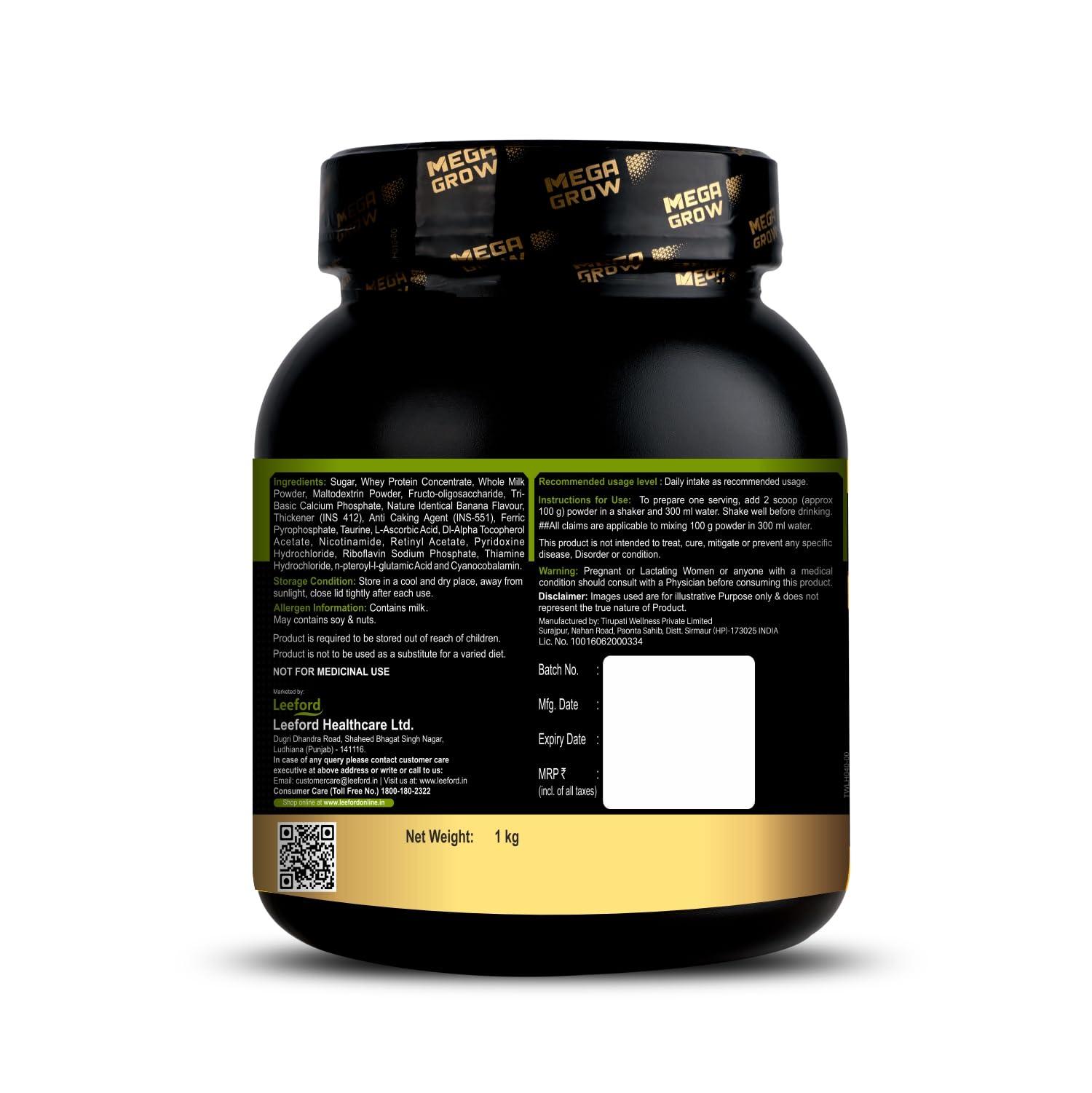 MEGAGROW Megagrow Mass Gainer 1kg Banana Flavor High Calorie Whey Protein Powder for Muscle Growth & Muscle Buidling Pre/Post Workout Supplement for Men & Women - Total 10 Servings