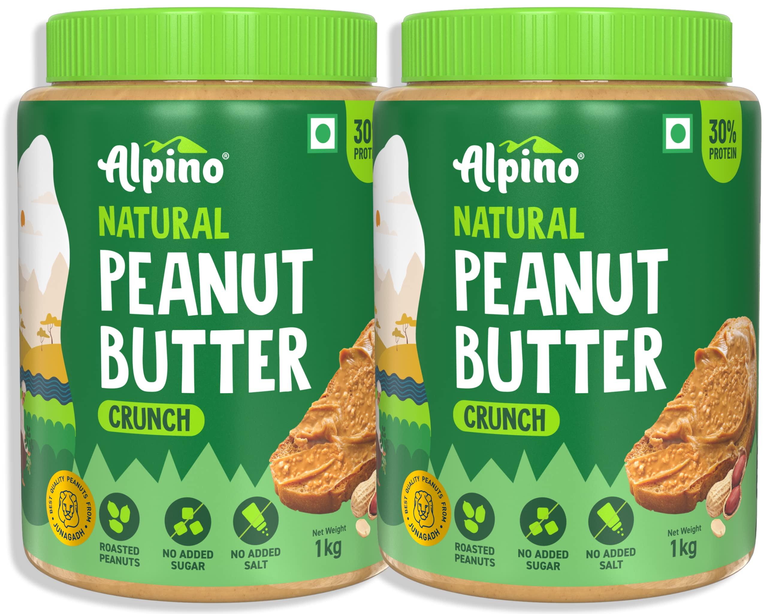 Alpino ALPINO Natural Peanut Butter Crunch 2kg - 100% Roasted Peanuts - 30g Protein, No Added Sugar & Salt, Gluten Free Plant Based, Unsweetened Peanut Butter Crunchy - 1kg, Pack of 2