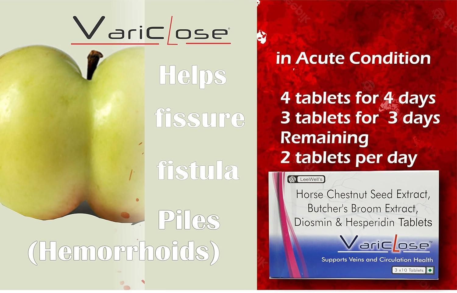 VARICLOSE Variclose Support Varicose Veins, Spider veins | Diosmin, Hesperidin, Horse Chestnut extract (Aescin), Butchers broom extract (Ruscogenins) | Plant based Foot, Legs Vascular Micro Circulation Support Supplement -60 Tablets