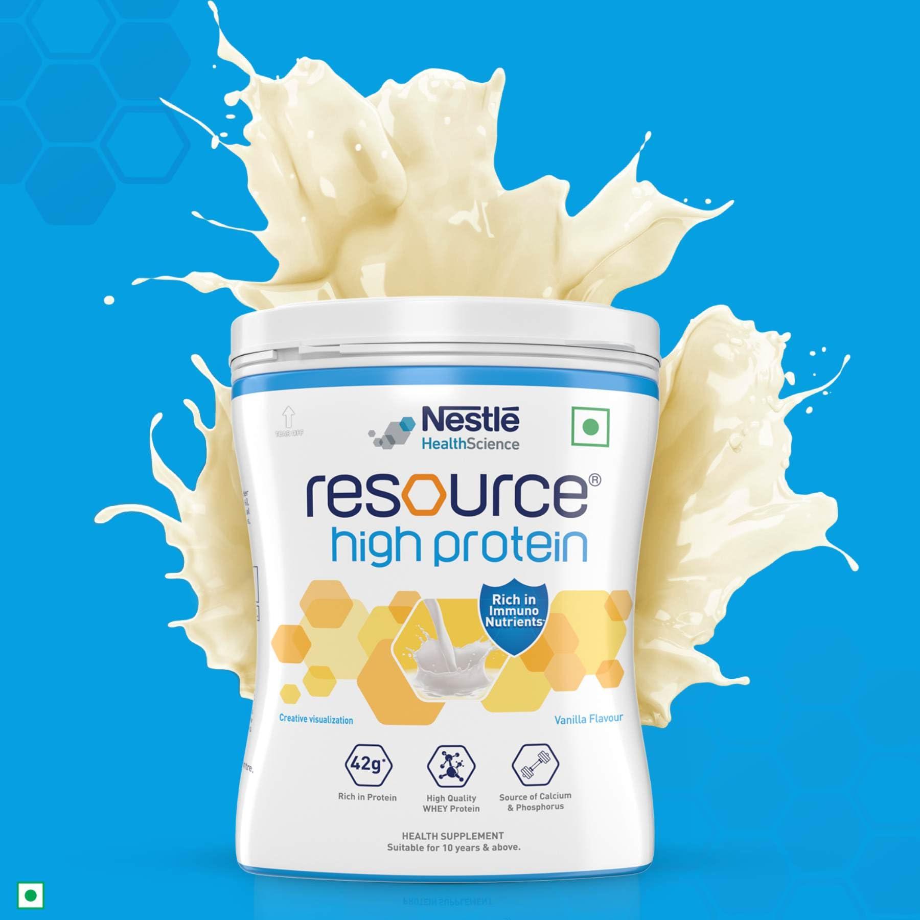 RESOURCE RESOURCE Nestle High Protein - Vanilla Flavour, Contains Whey Protein, 42G Protein Per 100G, Now Rich In Immunonutrients, Strengthens Muscles & Immune System - 400G Pet Jar Pack (Pack of 2)