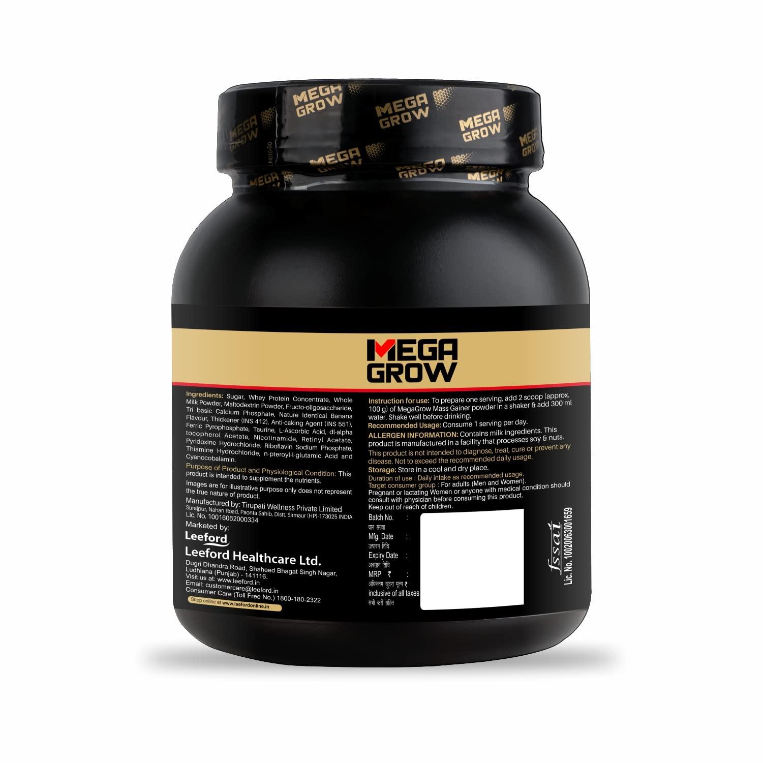 MEGAGROW Megagrow Mass Gainer 1kg Banana Flavor High Calorie Whey Protein Powder for Muscle Growth & Muscle Buidling Pre/Post Workout Supplement for Men & Women - Total 10 Servings